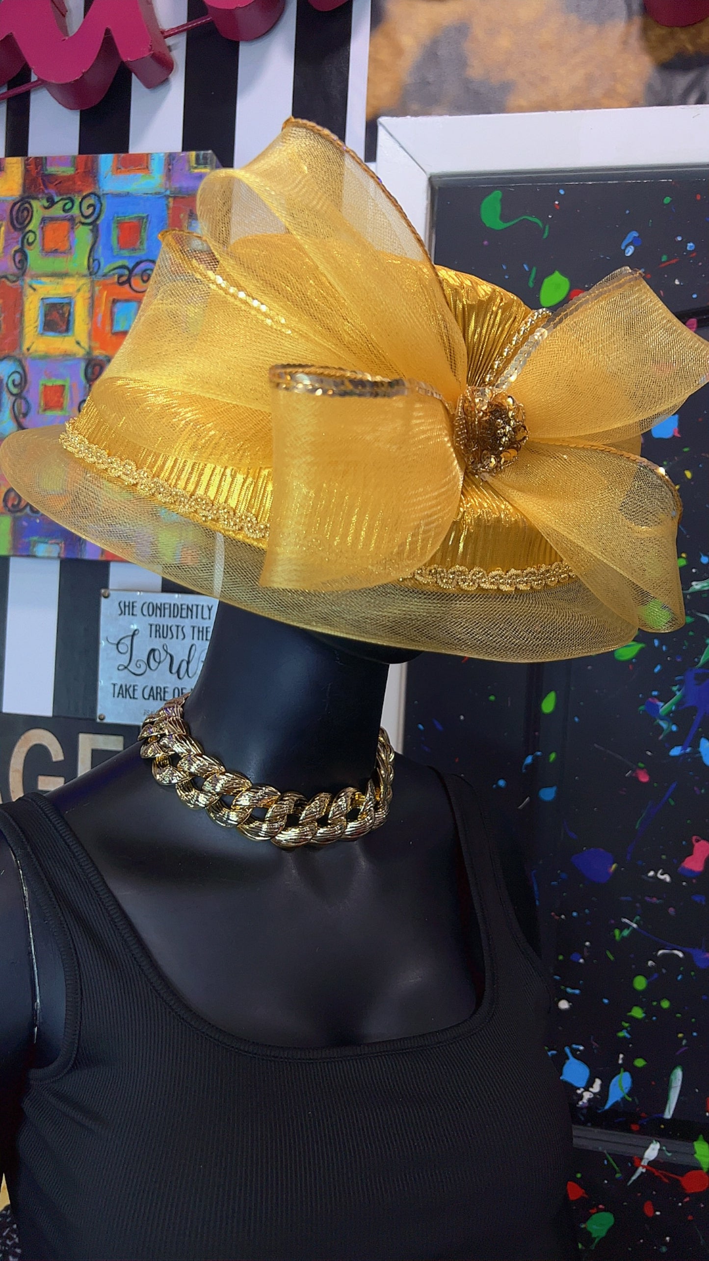 Vintage Straw & Sequin Gold Bow Hat