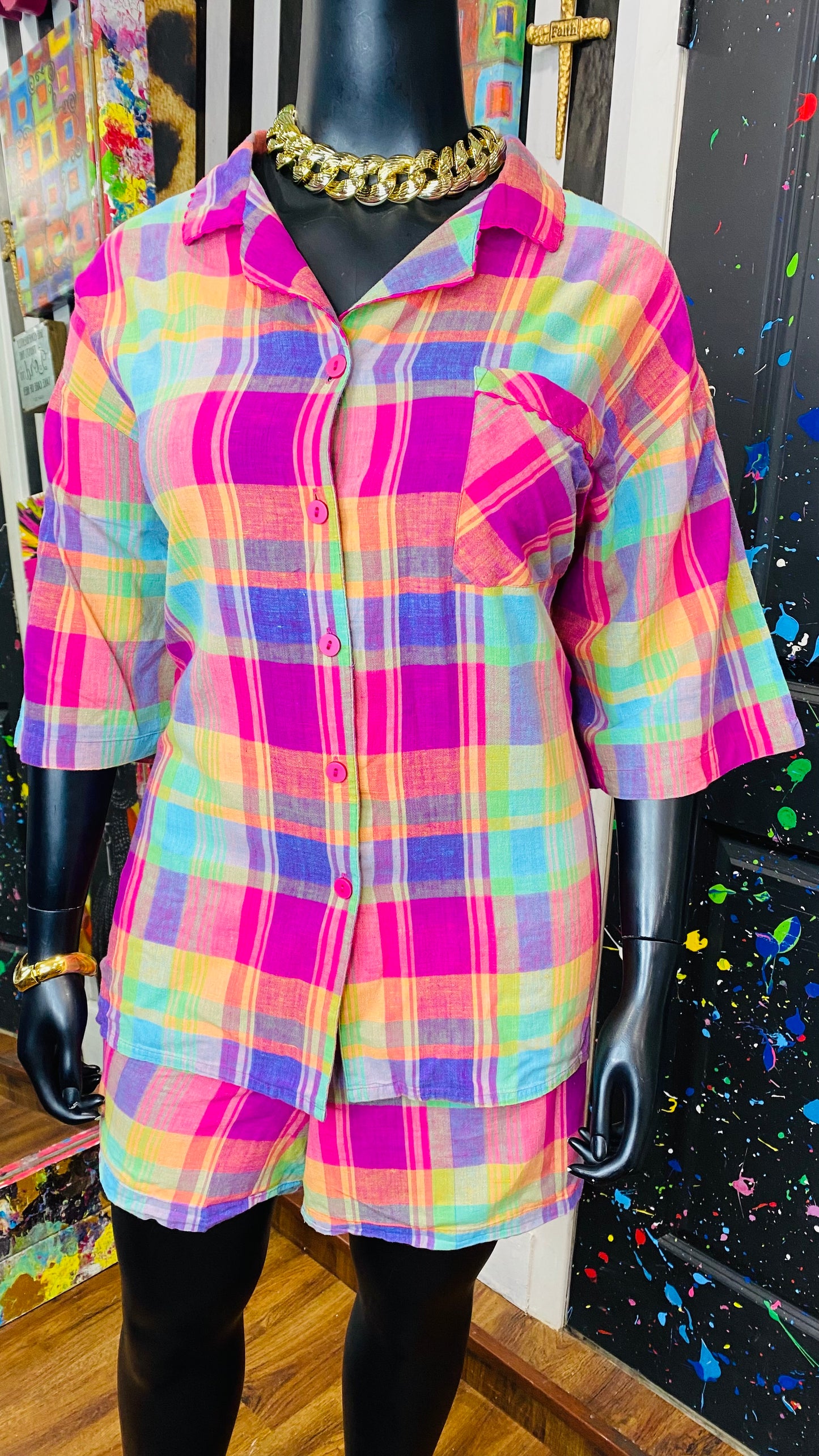 Vintage Plaid & Pink Shorts Set (26)