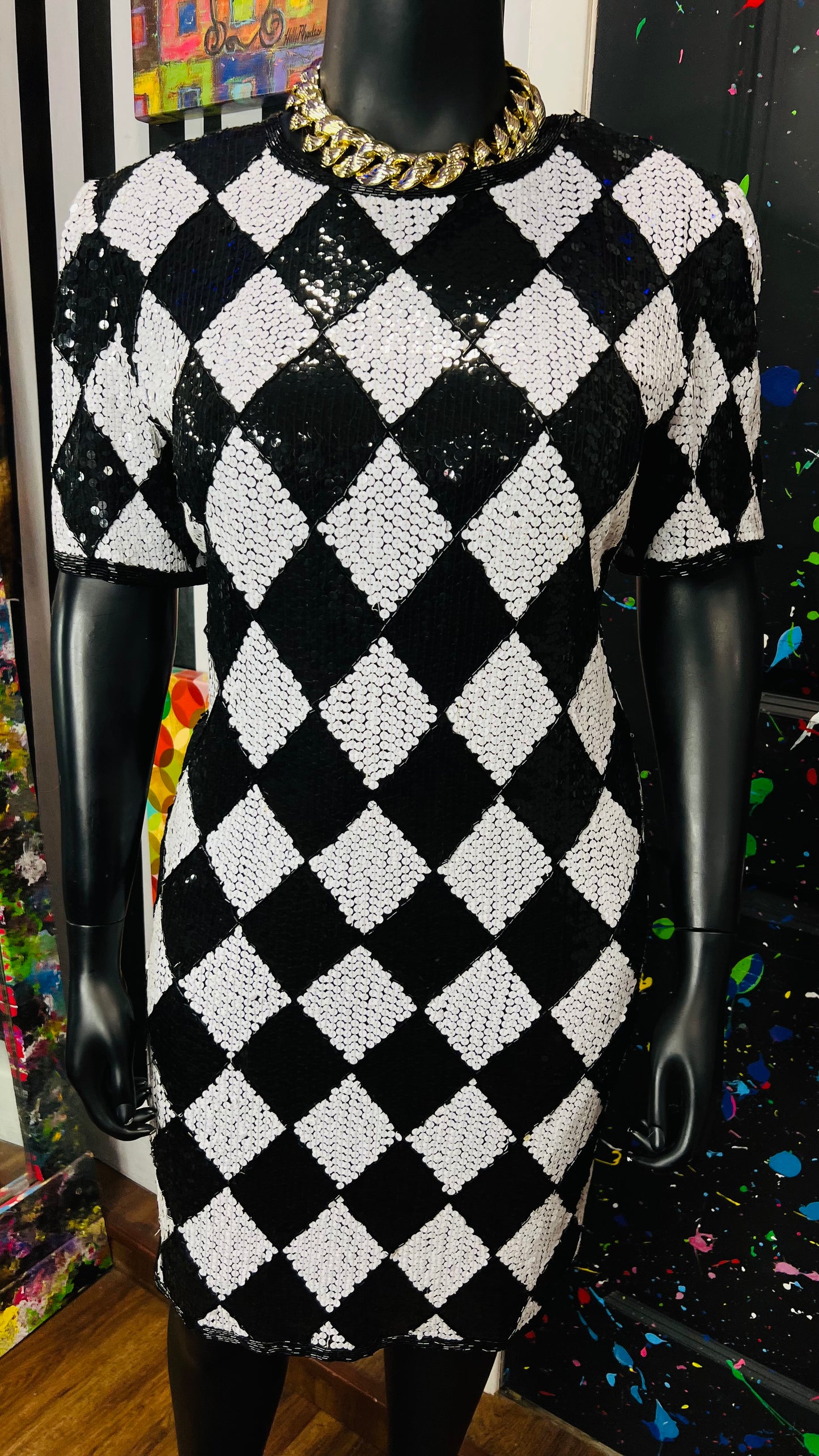 Vintage Black & White 100% Silk Sequin Dress (14)