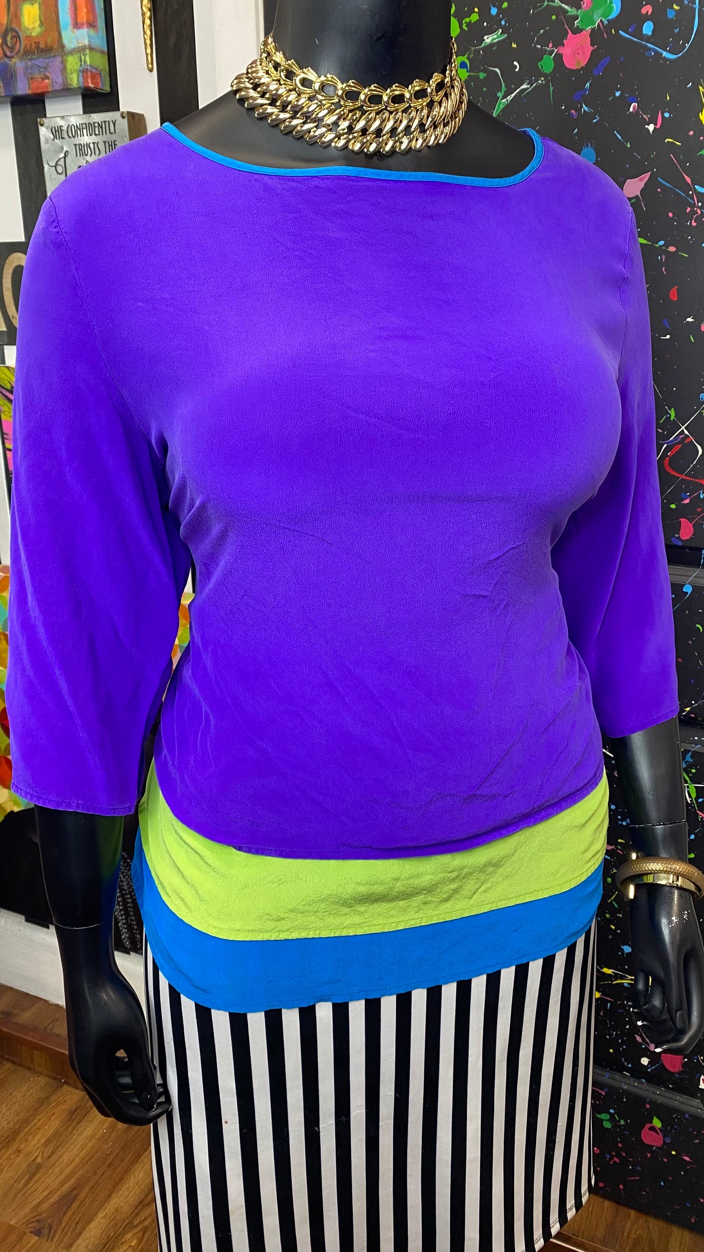 Vintage 100% Silk Purple Colorblock Diane Gilman Blouse (20)