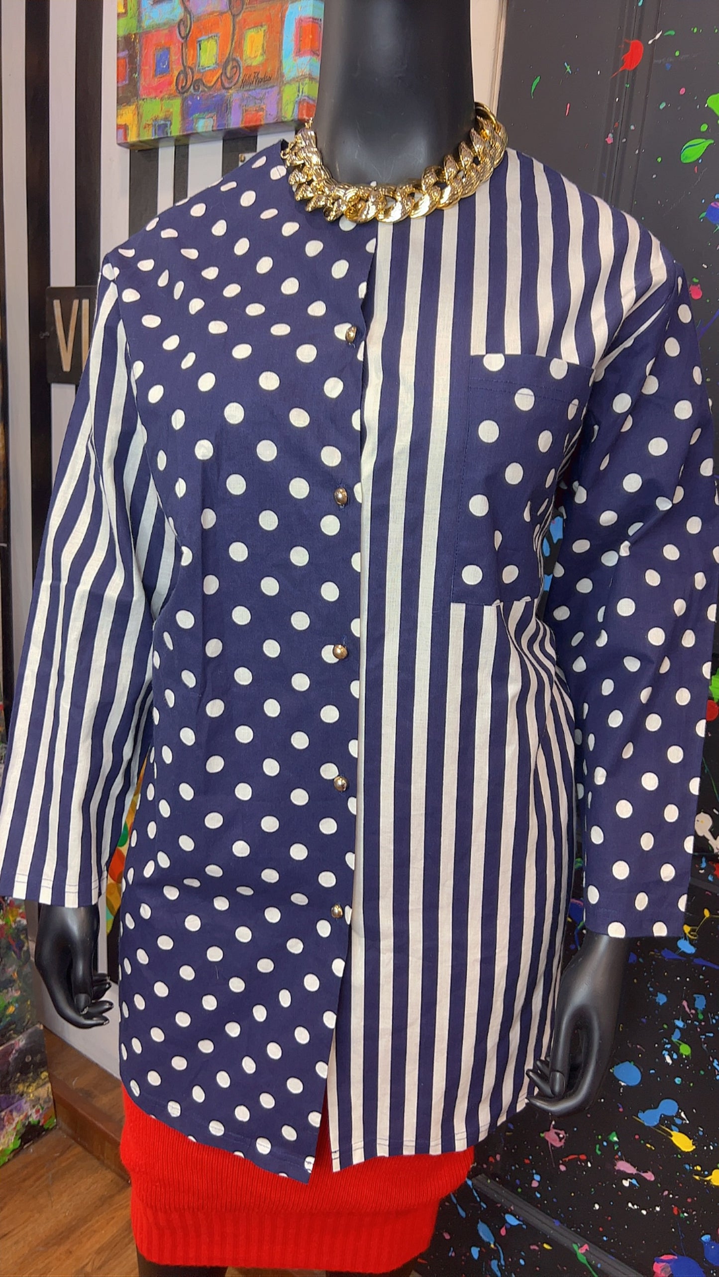 Vintage Navy Blue & White Mix Print Blouse (16)