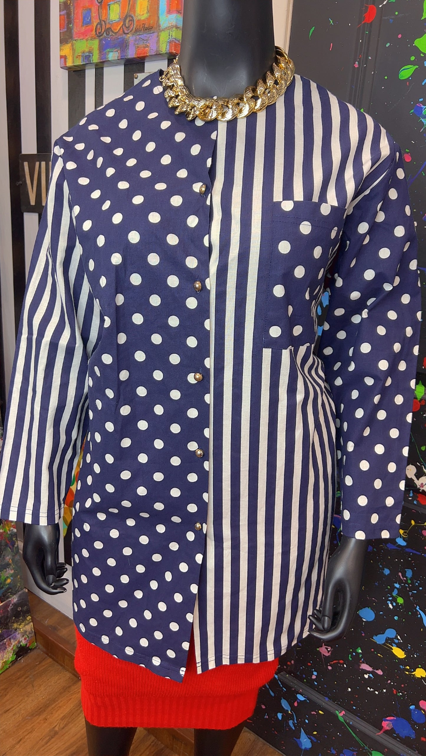 Vintage Navy Blue & White Mix Print Blouse (16)