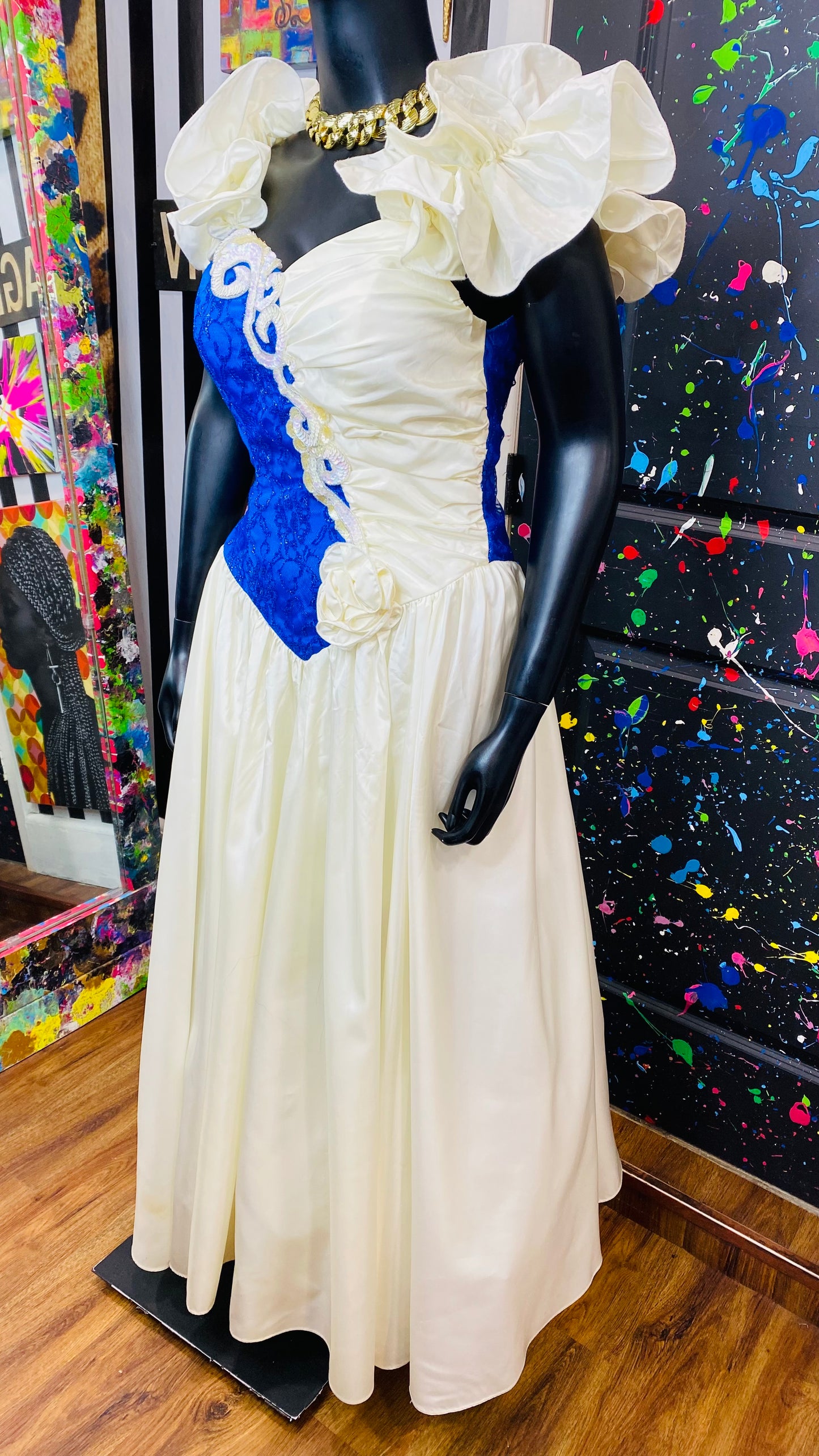 Vintage Blue & Off White Wedding Gown (18) Fits Like a Modern 12/14