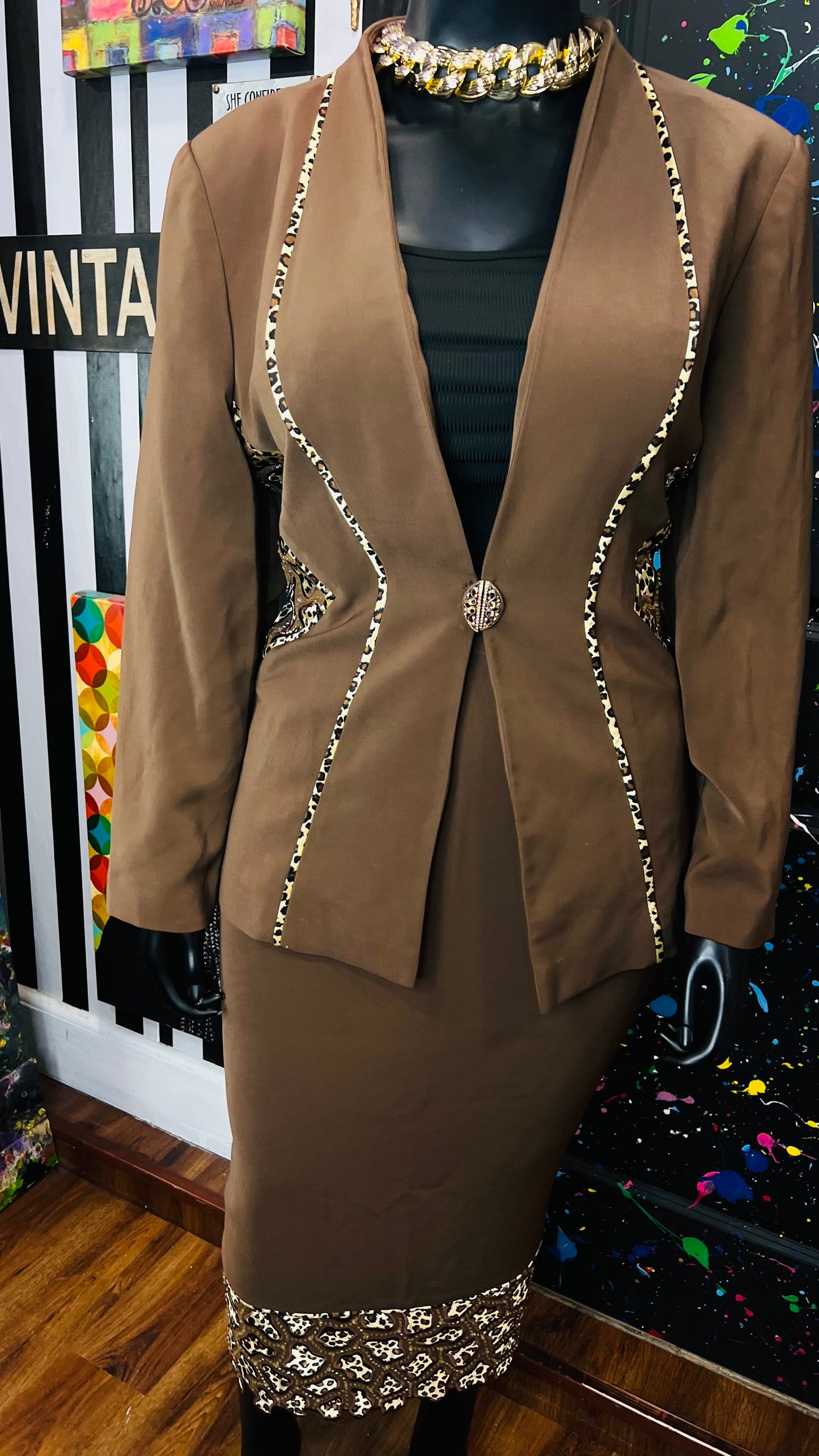 Vintage Chocolate & Animal Print Skirt Suit (18)