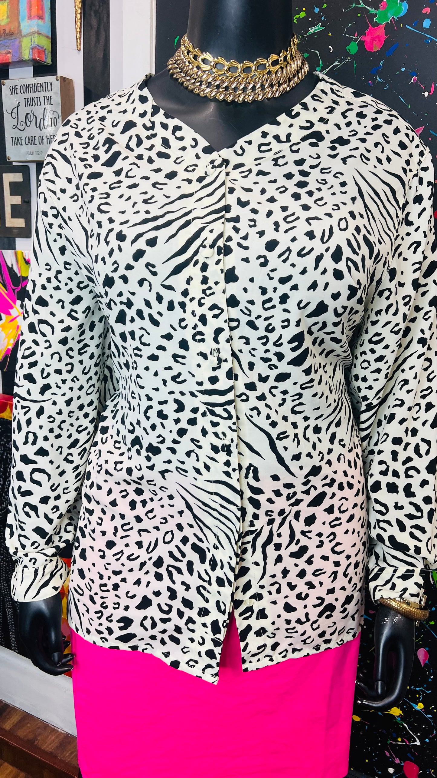 Vintage Animal Print Black & White Blouse (22)