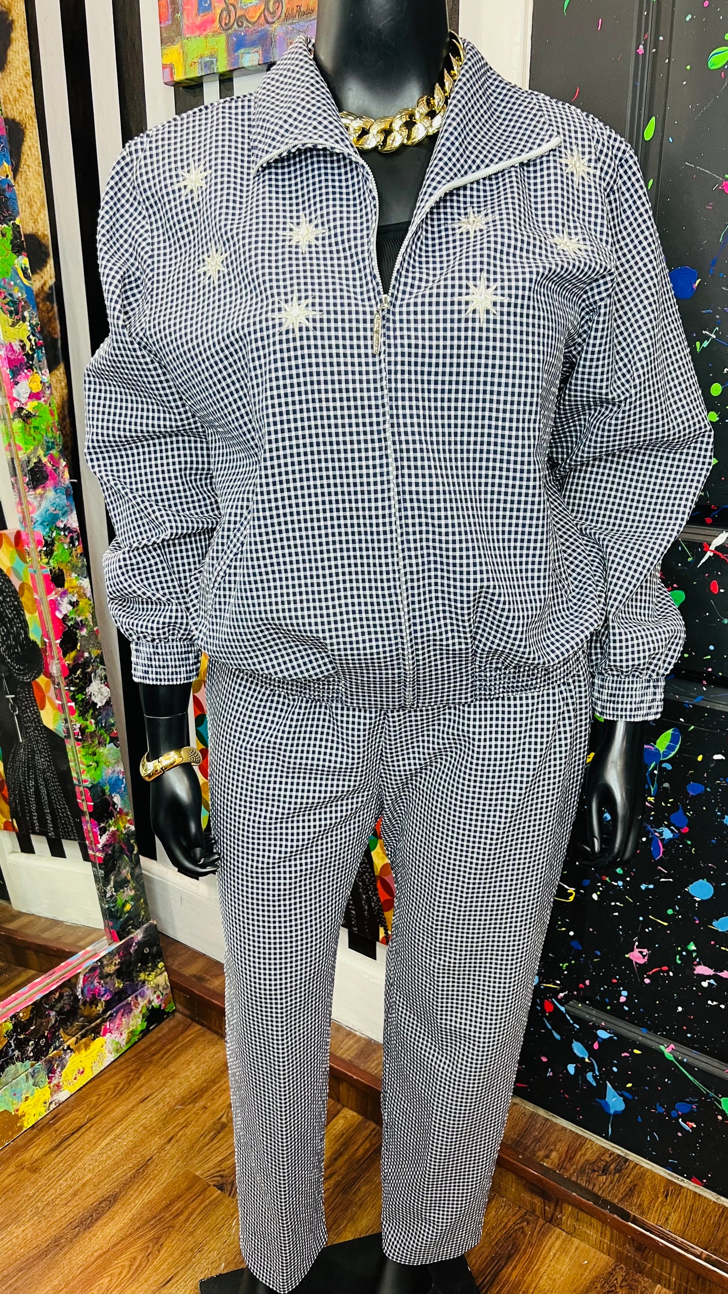 Vintage Navy Blue & White Checkered Pants Set (18)