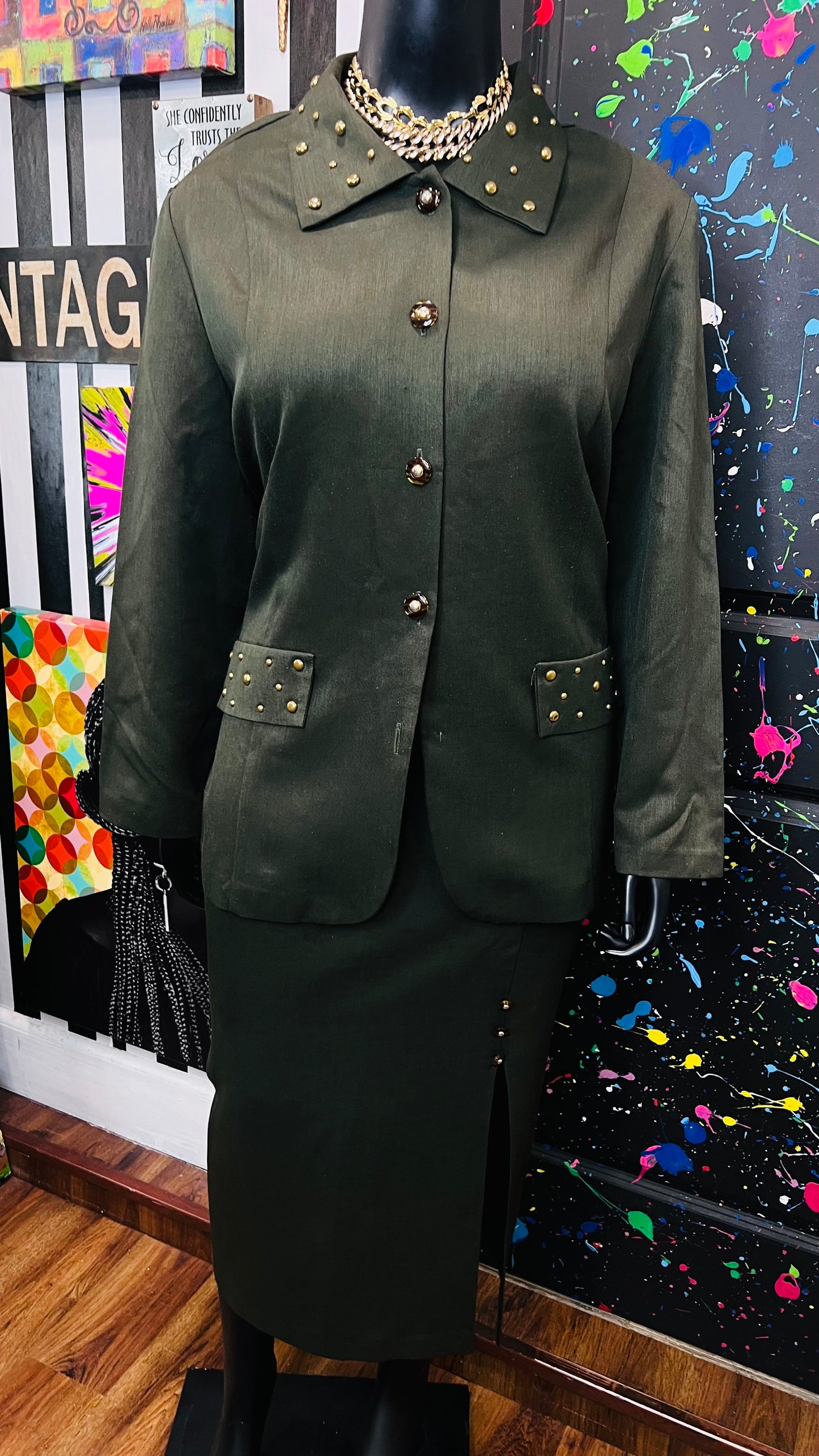 Vintage Army Green Studded Skirt Set (24W)