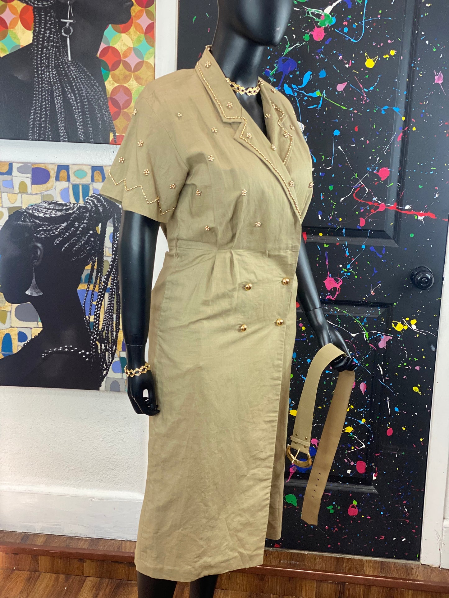 Vintage Studded Khaki Dress