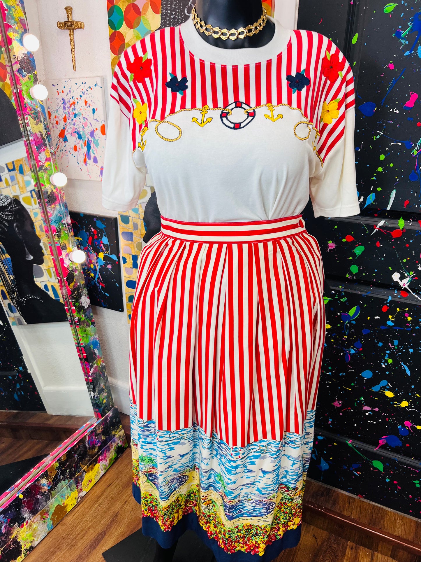 Red and White Striped Skirt Set