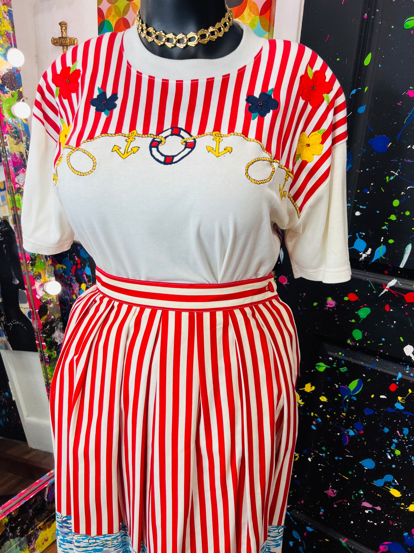 Red and White Striped Skirt Set