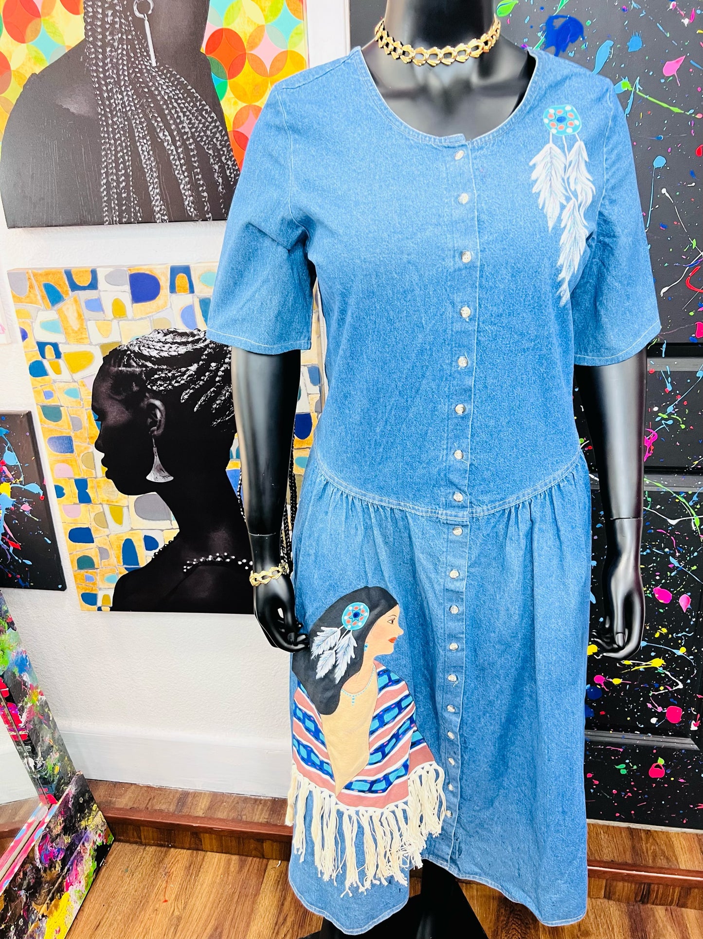 Vintage Denim Hand-painted Dress
