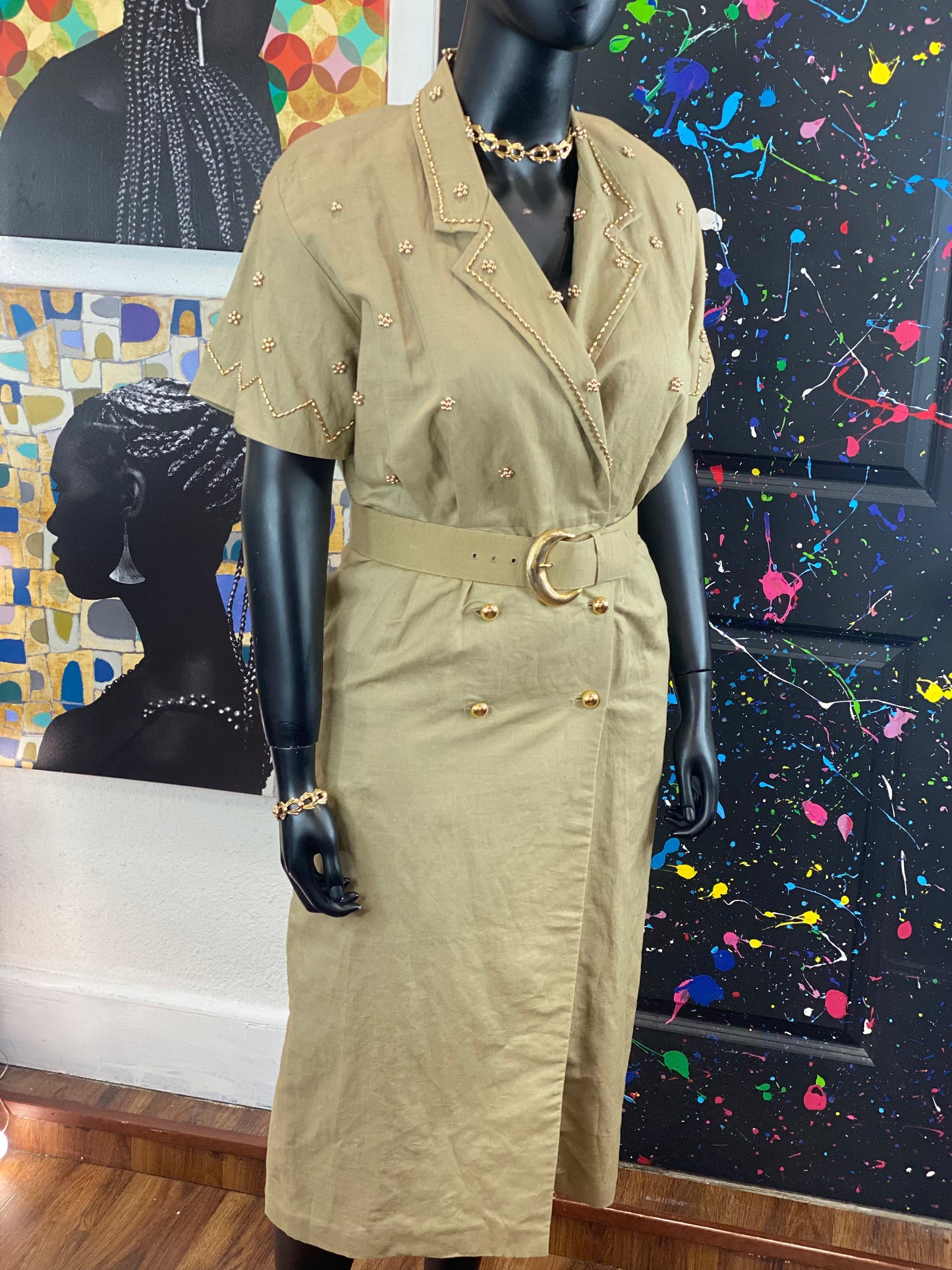 Vintage Studded Khaki Dress