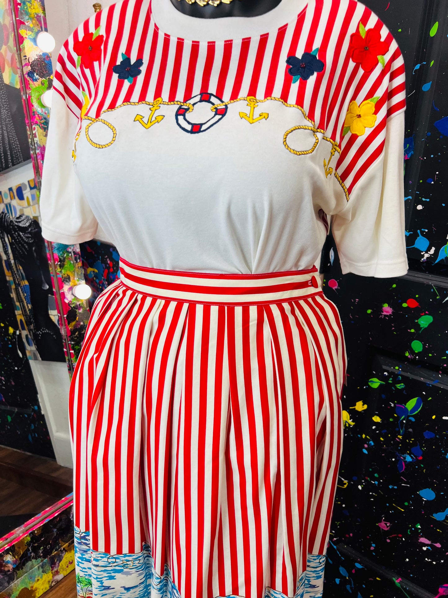 Red and White Striped Skirt Set