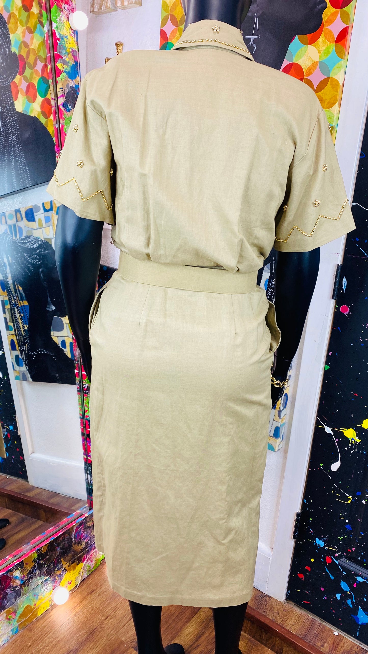 Vintage Studded Khaki Dress