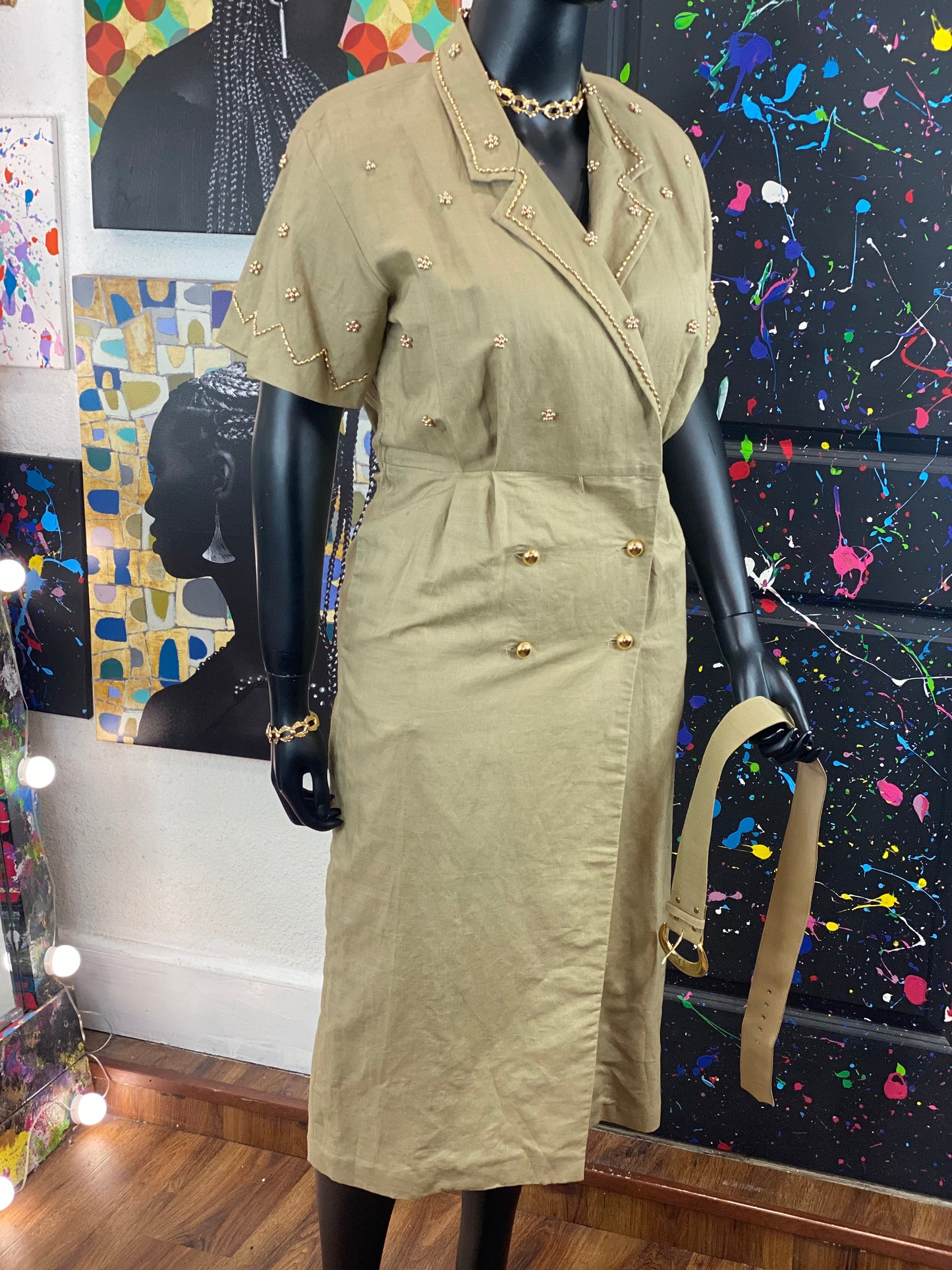 Vintage Studded Khaki Dress