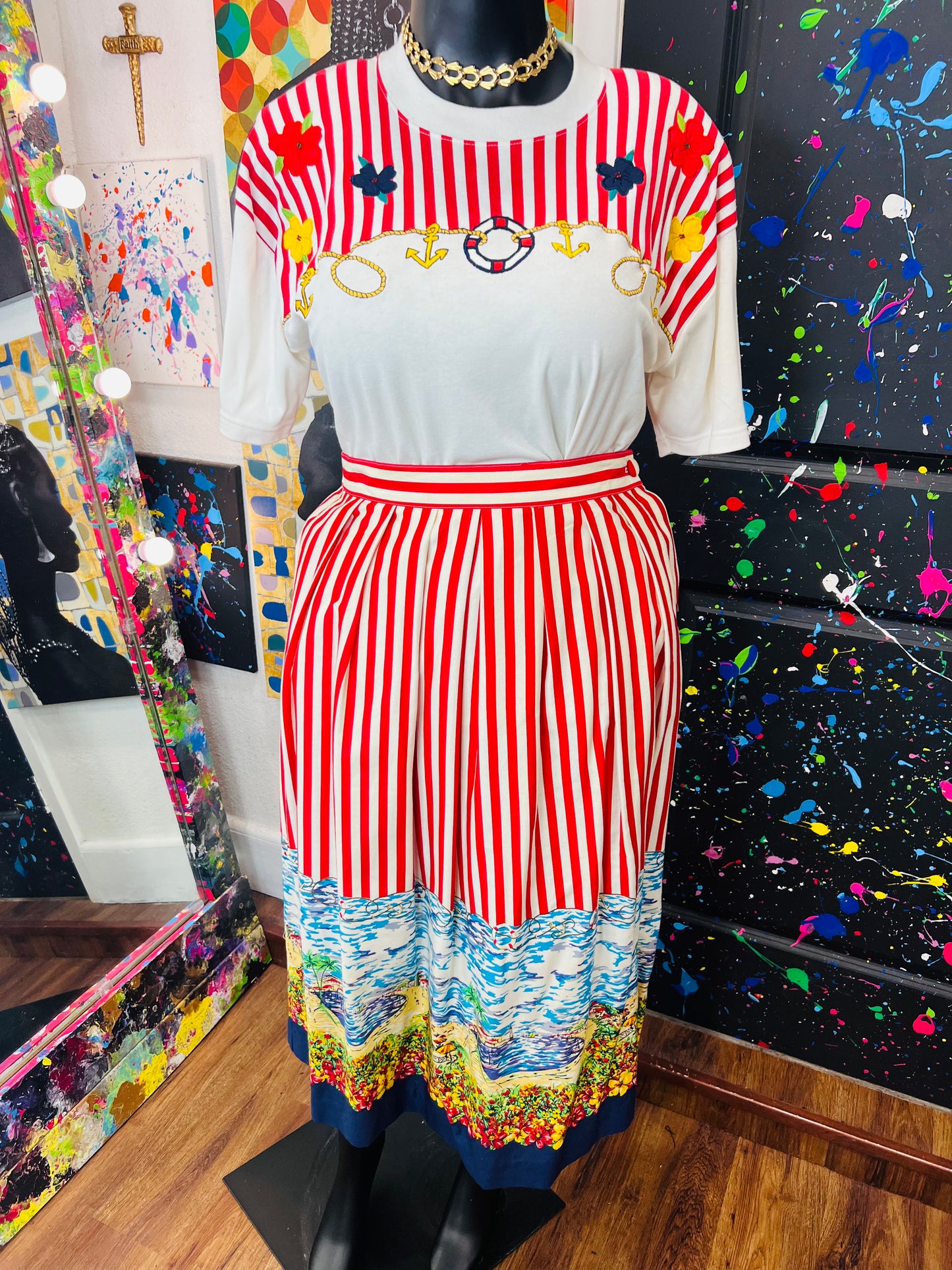 Red and White Striped Skirt Set