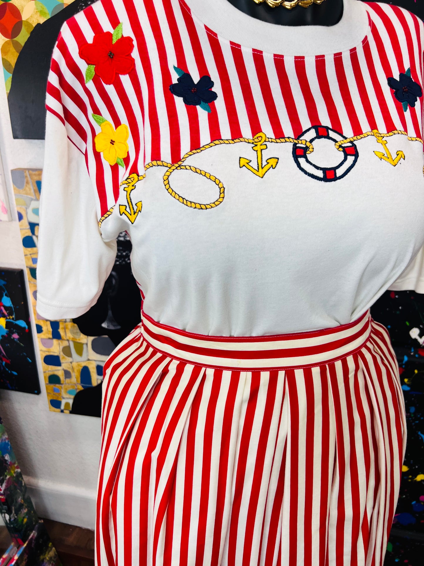Red and White Striped Skirt Set
