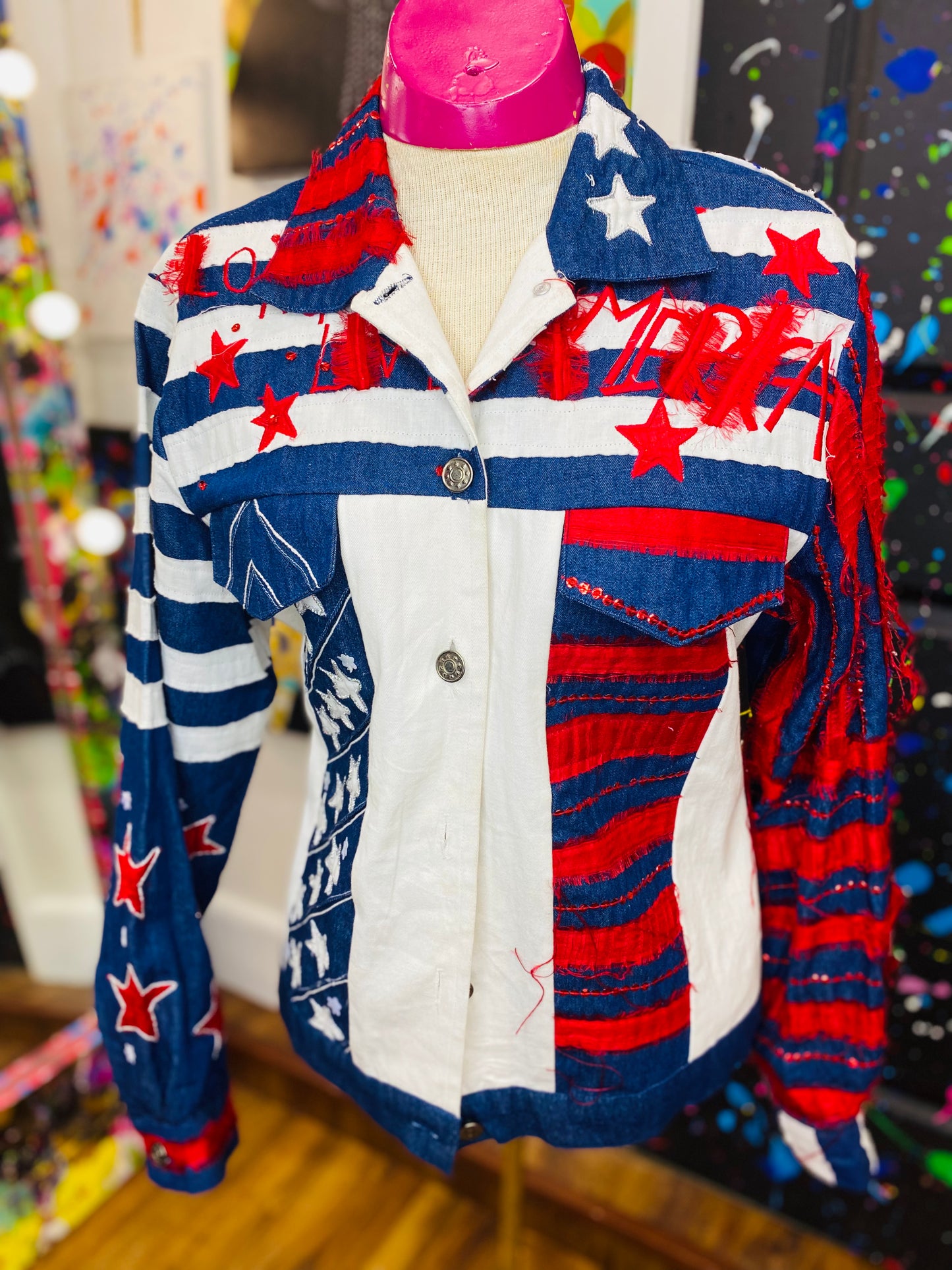 Vintage Sandy Starkman American Flag Denim Jacket (16)