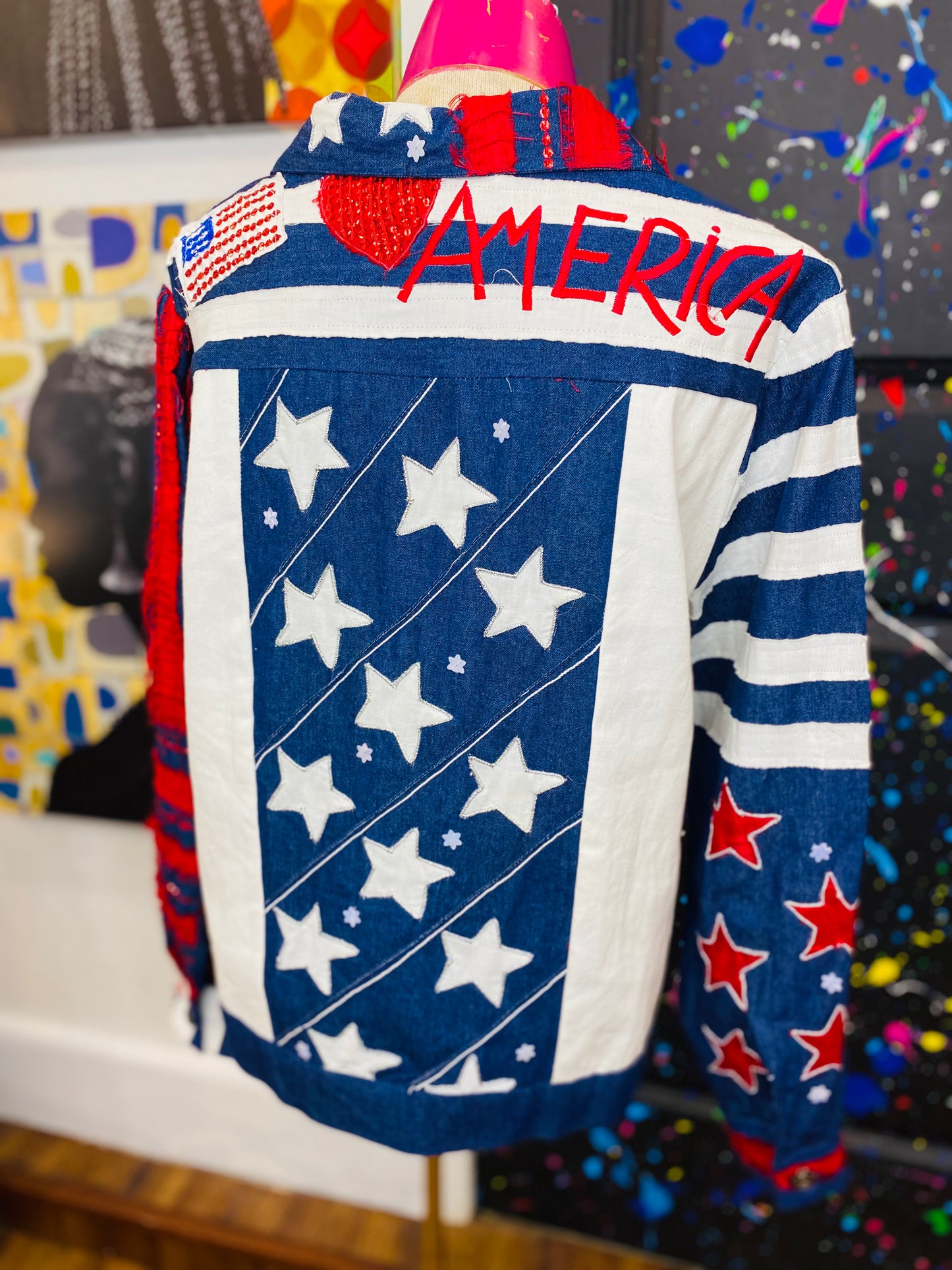Vintage Sandy Starkman American Flag Denim Jacket (16)