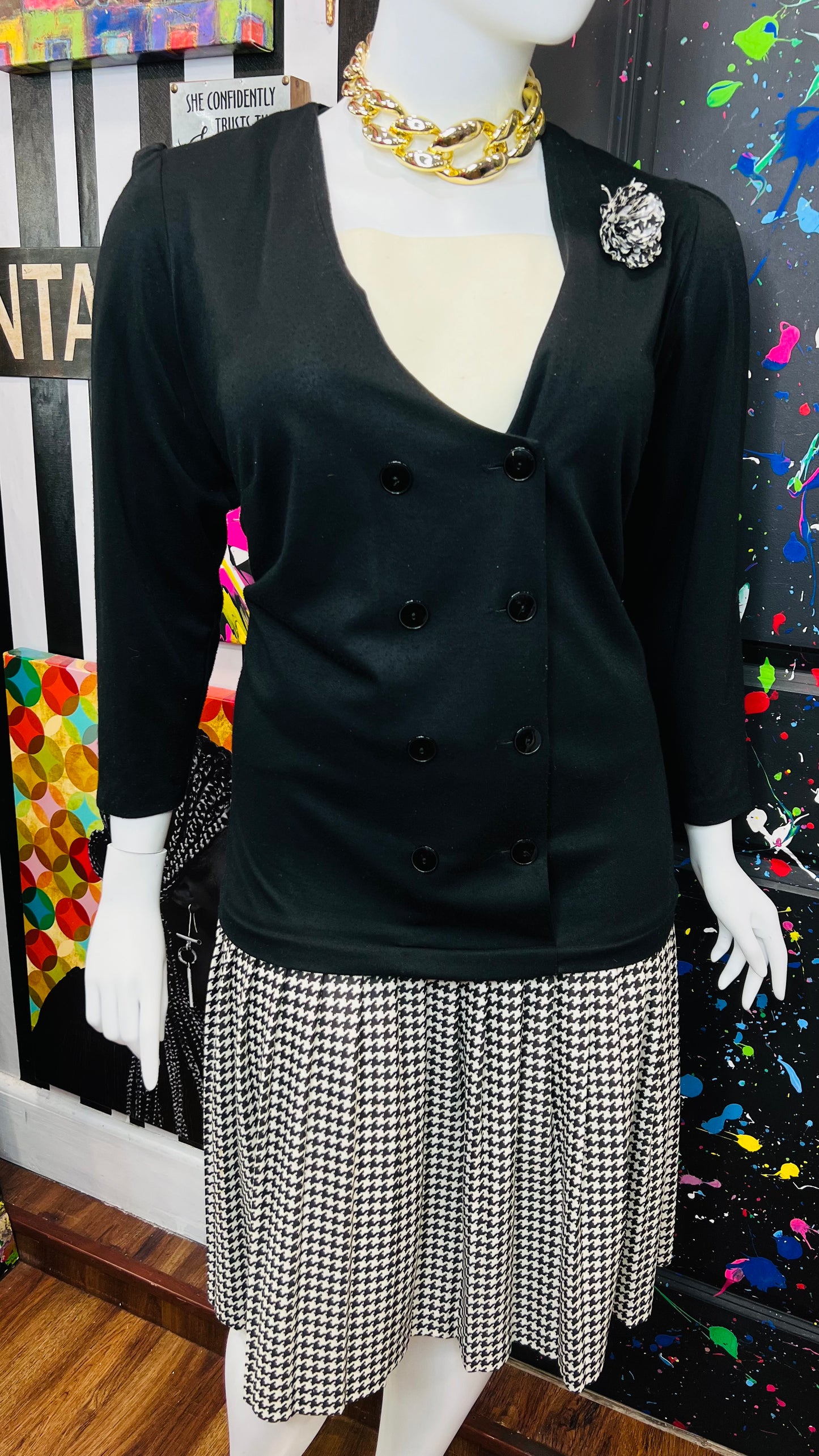 Vintage Houndstooth & Solid Black Dress (24W)