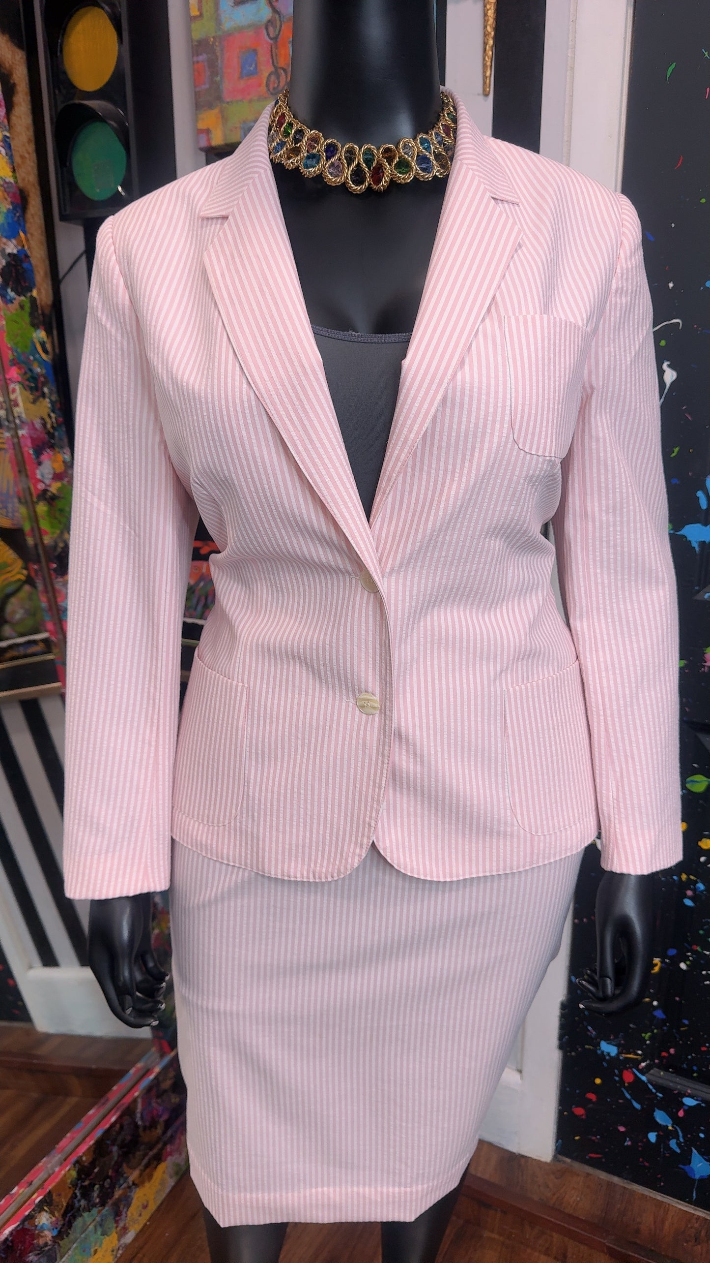 Vintage Pink & White Striped Blazer & Skirt Set (18)