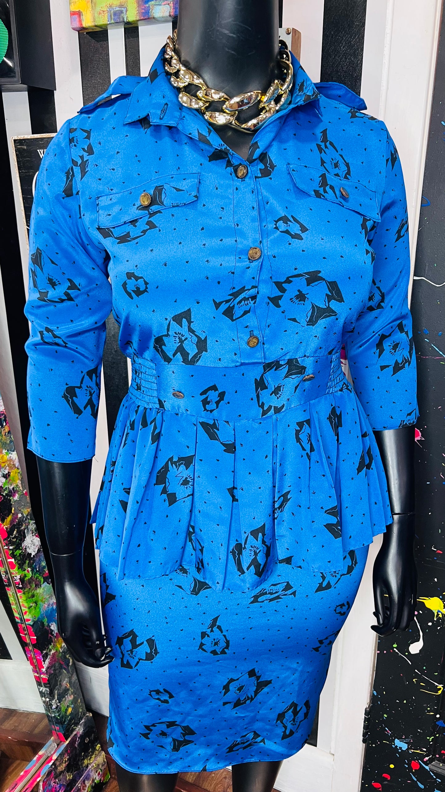 Vintage Blue & Black Peplum Dress (12)