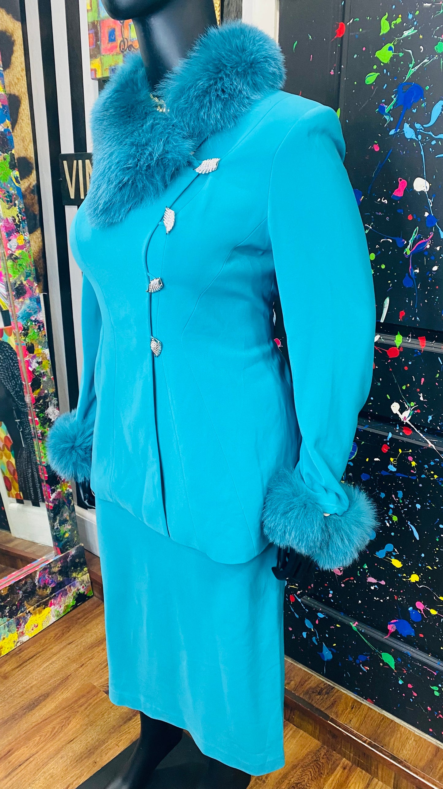 Vintage Couture Faux Fur Skirt Set - Blue (16)