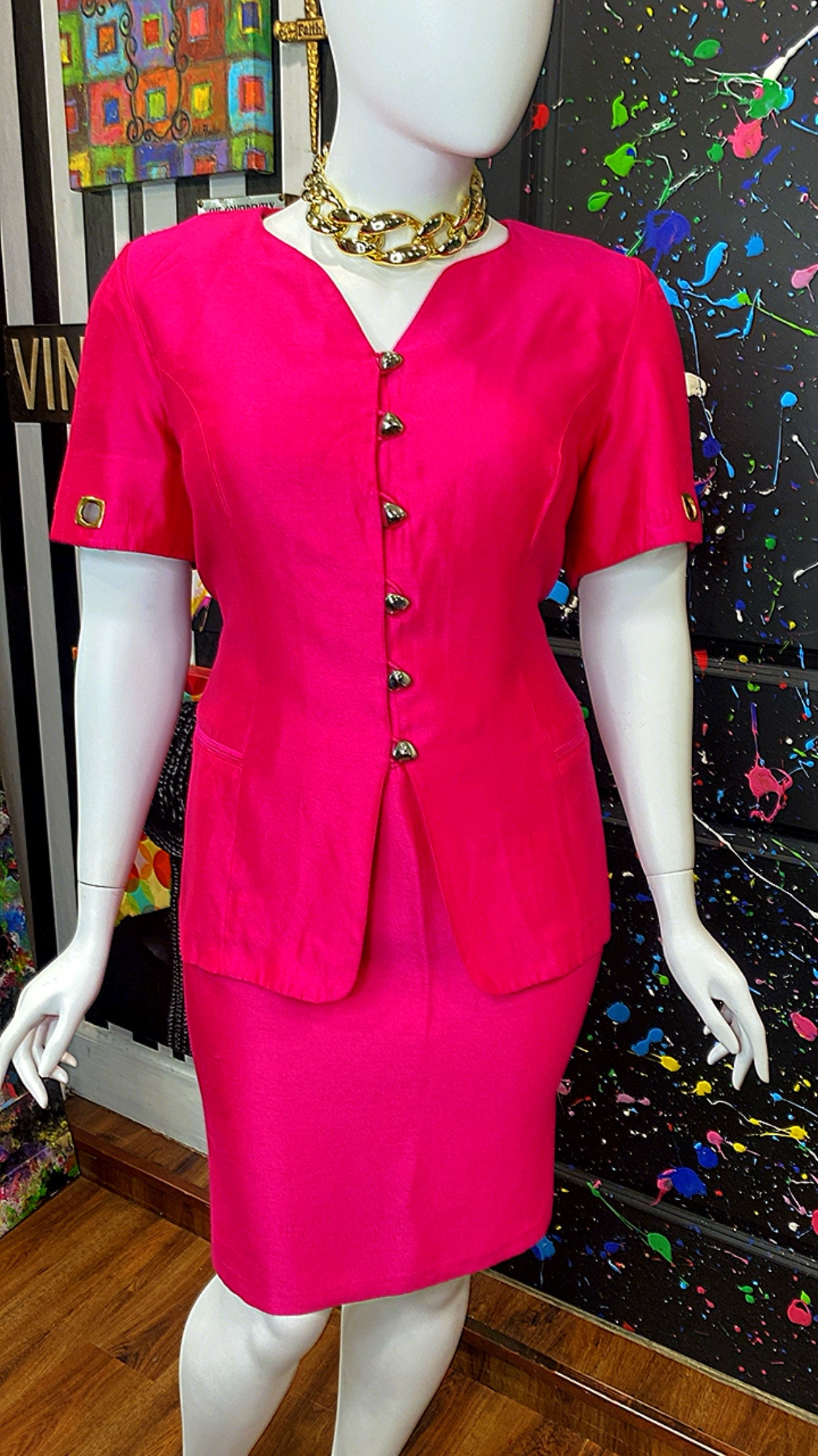 Vintage Vibrant Pink Skirt Suit W/ Gold Accents (20W)