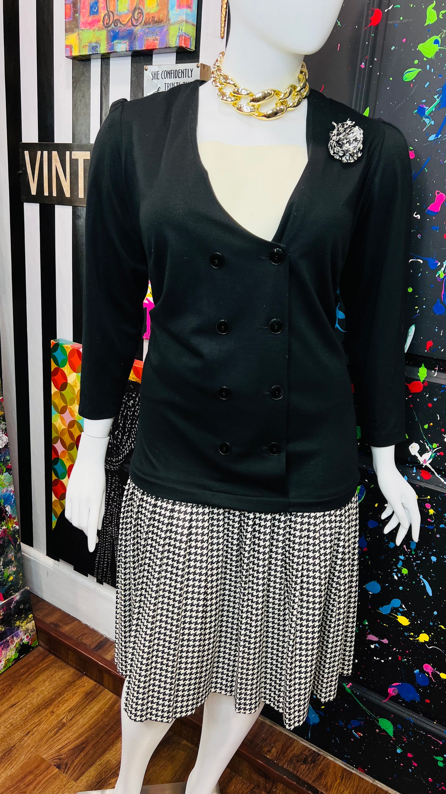 Vintage Houndstooth & Solid Black Dress (24W)