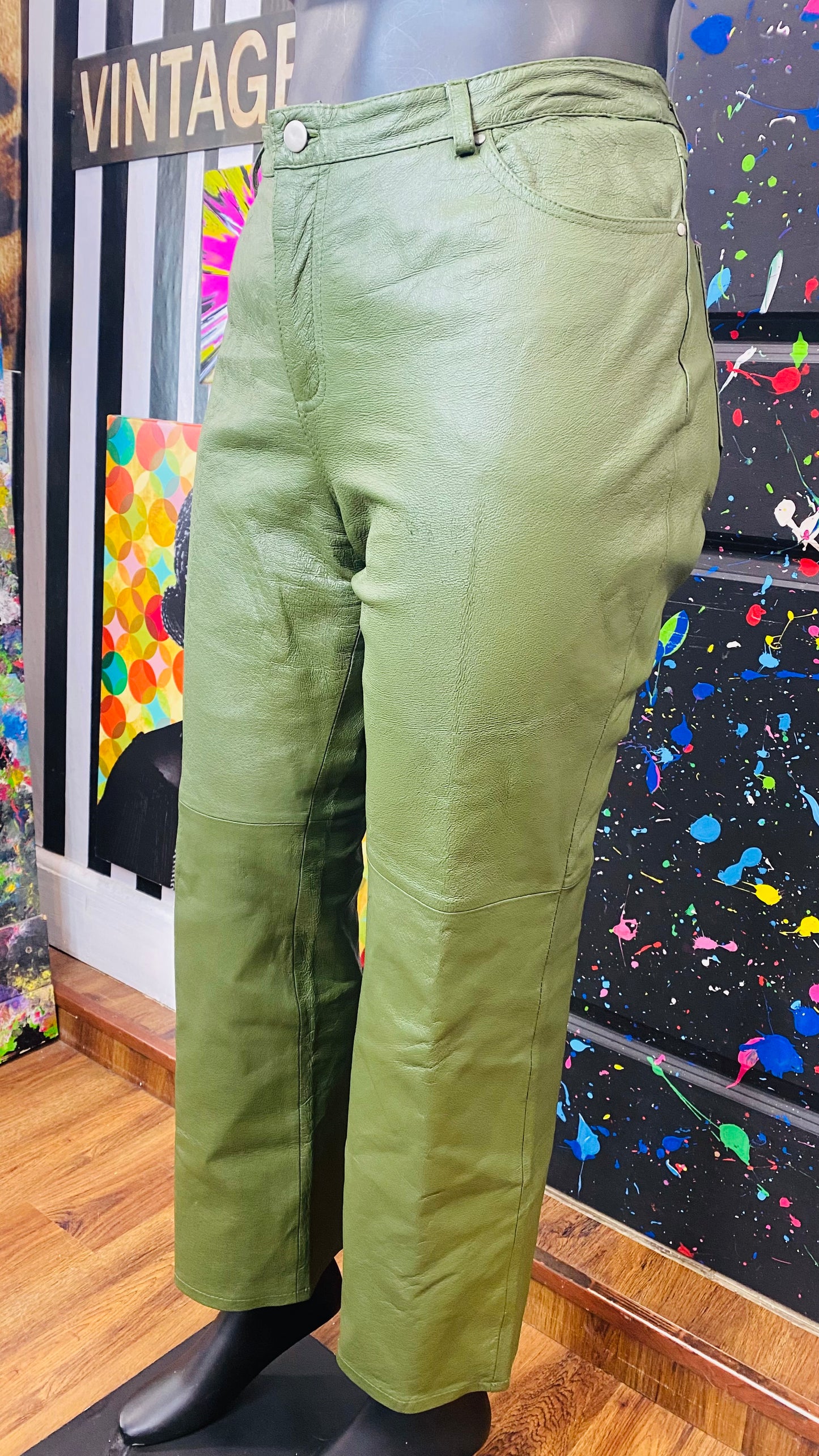 Vintage Green Genuine Leather Pants (16)