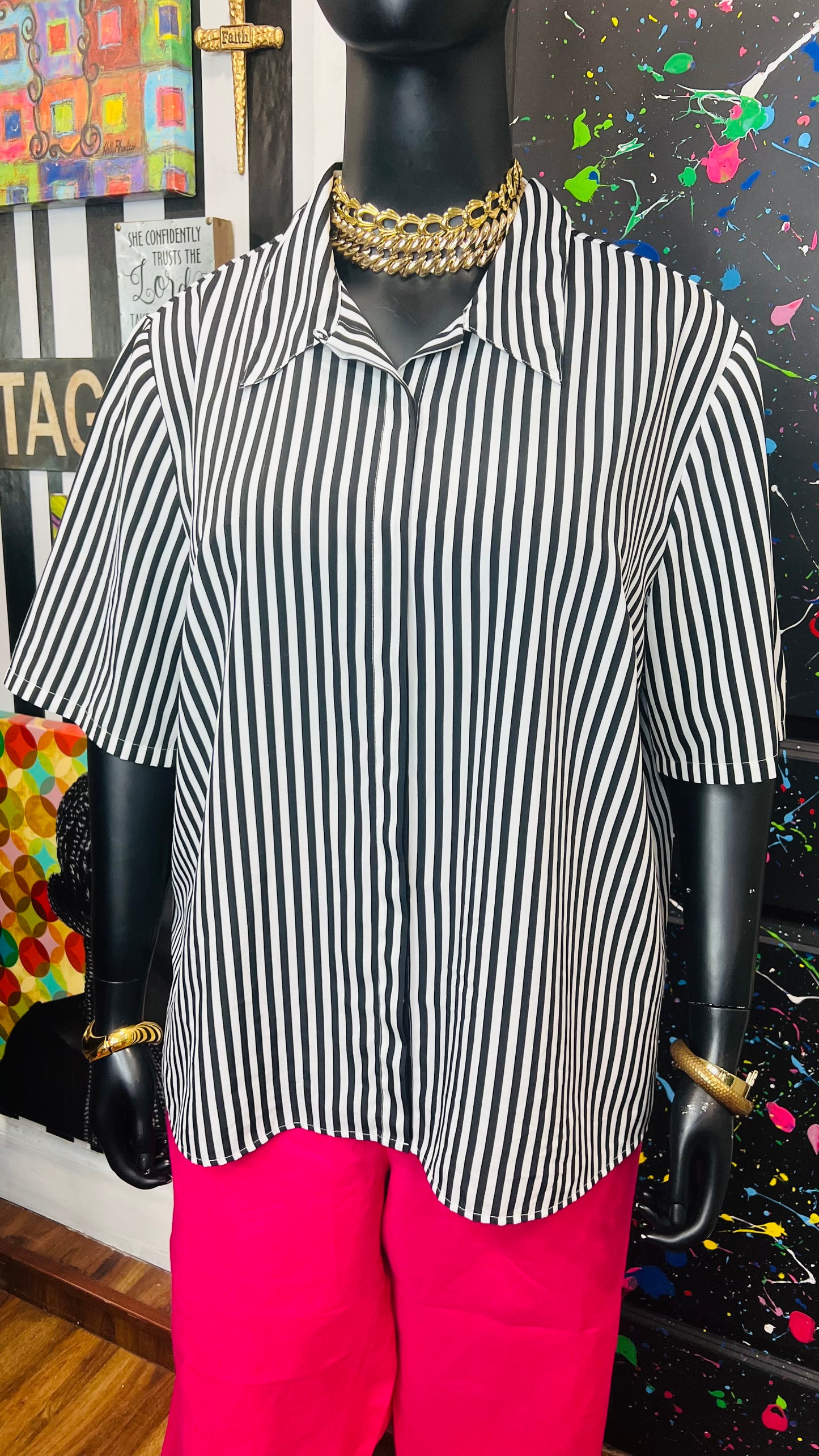 Vintage Black & White Striped Blouse (22)