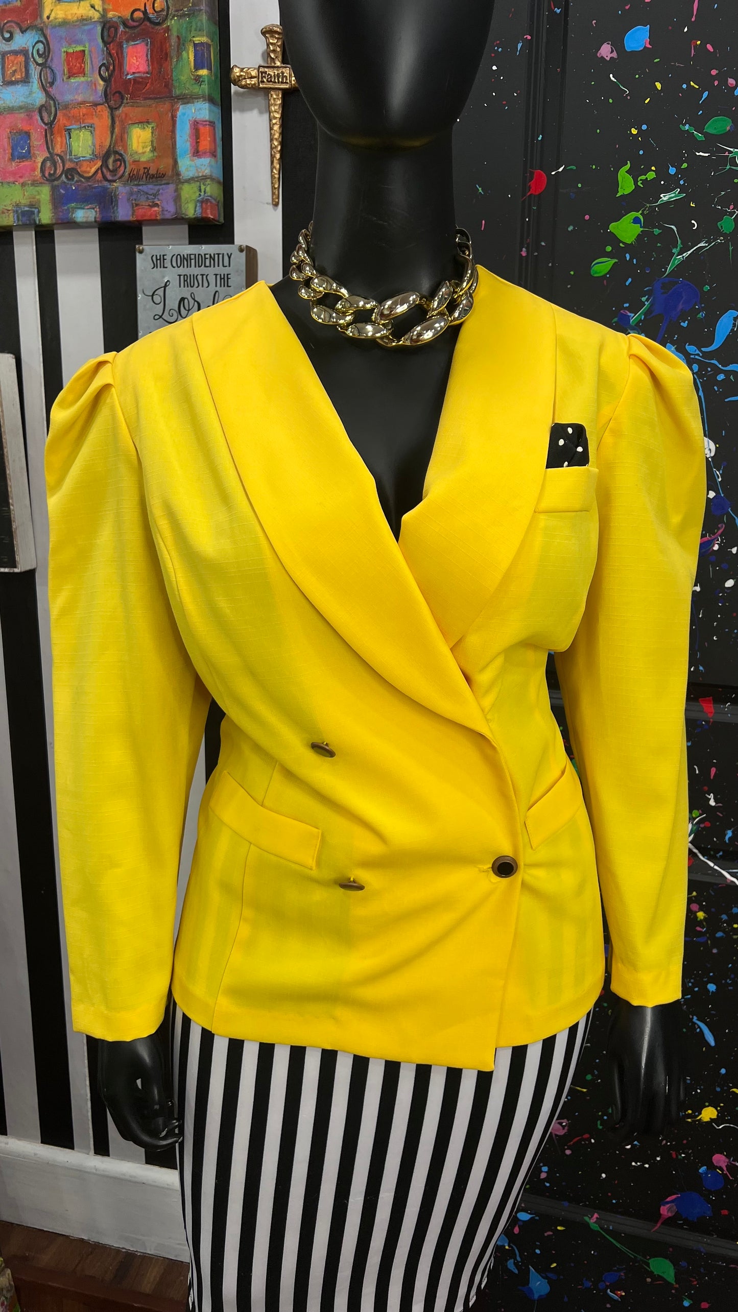 Vintage Yellow & Black & White Polka Dot Short Sleeve Blouse (22)