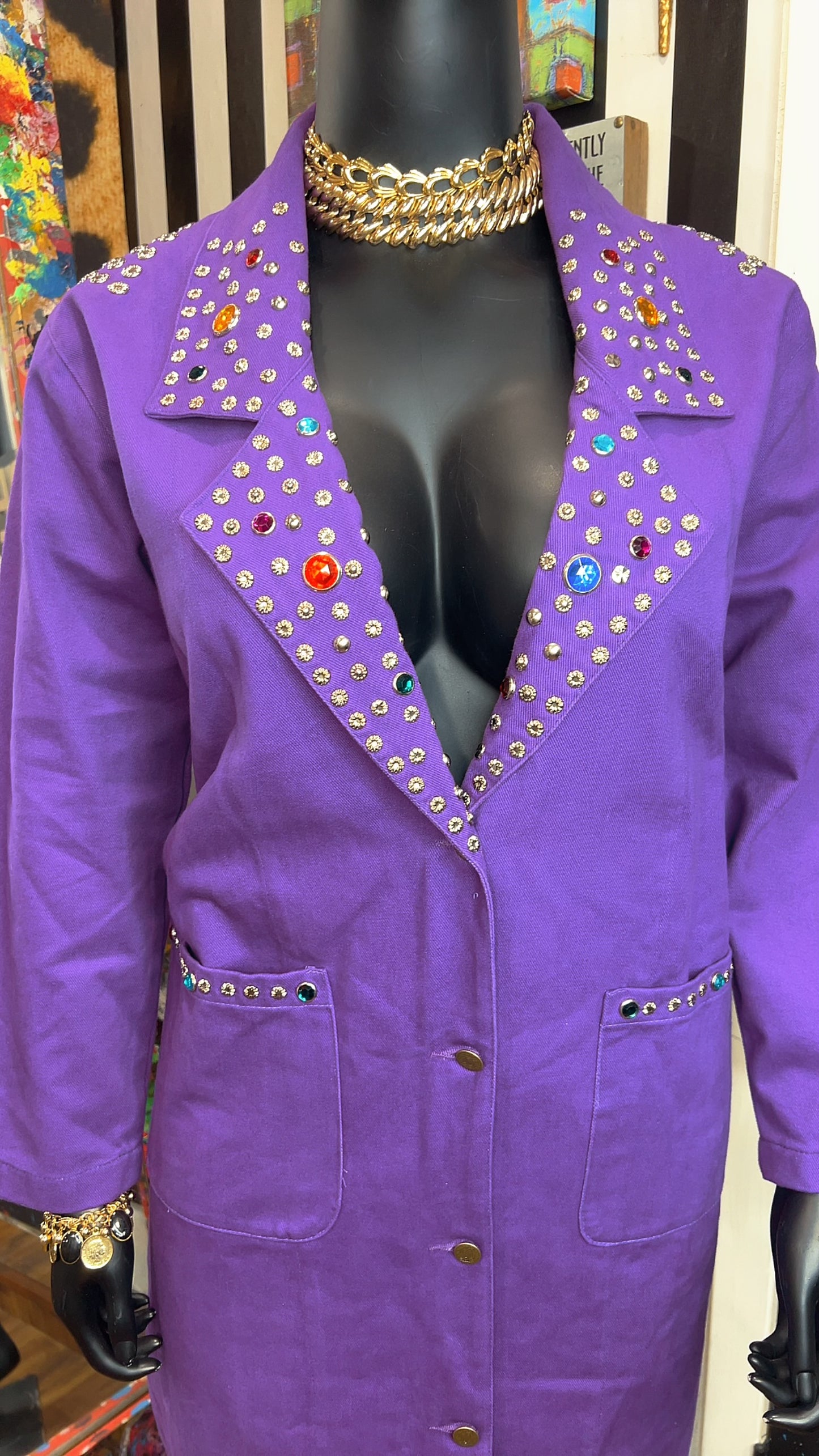 Vintage Purple Denim Jeweled Trench Coat (16)