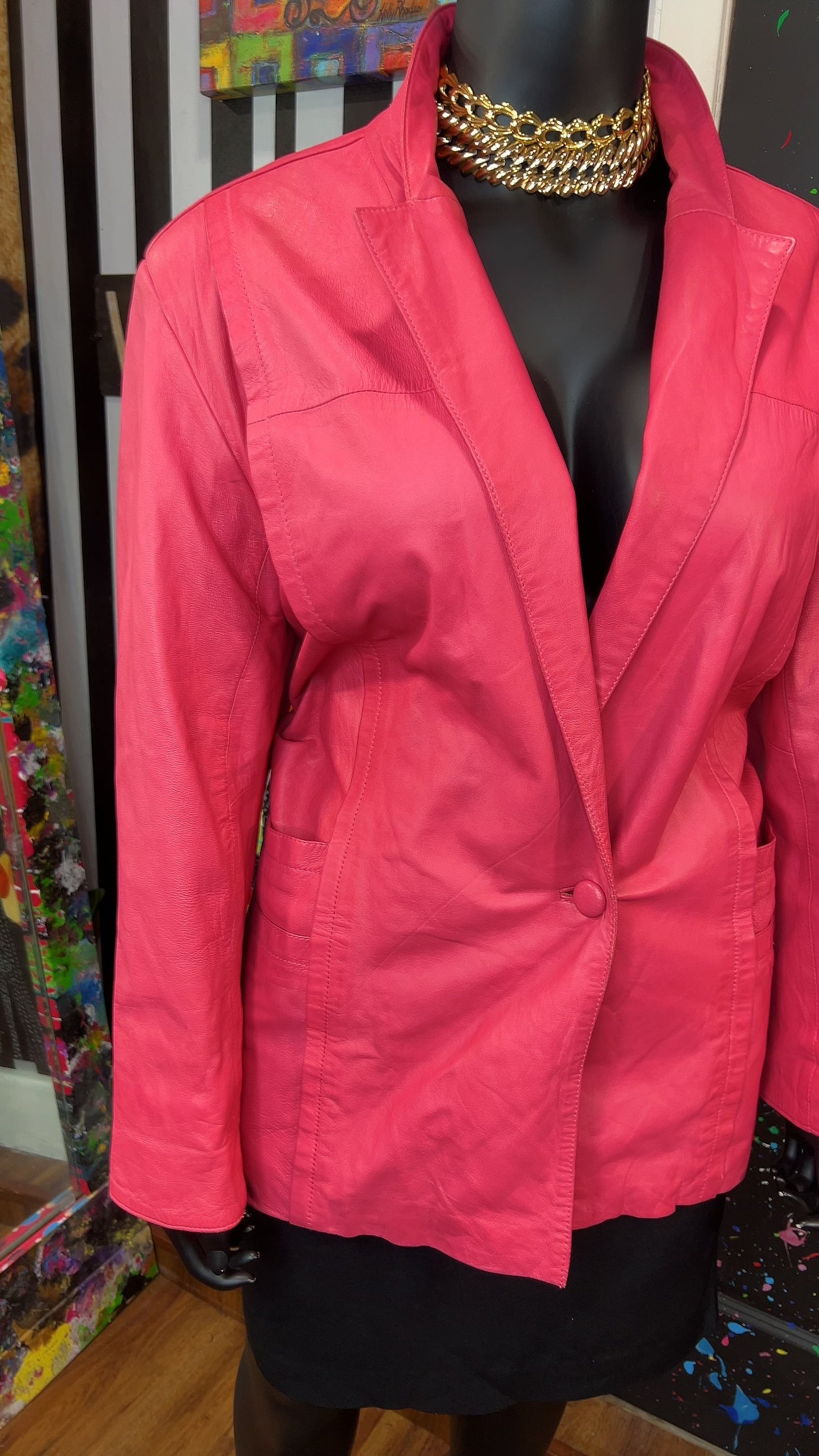 Vintage Genuine Leather Pink Blazer Coat (18)