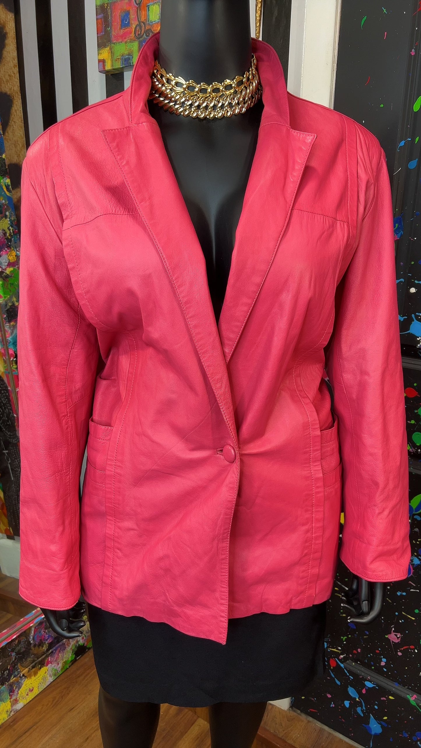 Vintage Genuine Leather Pink Blazer Coat (18)