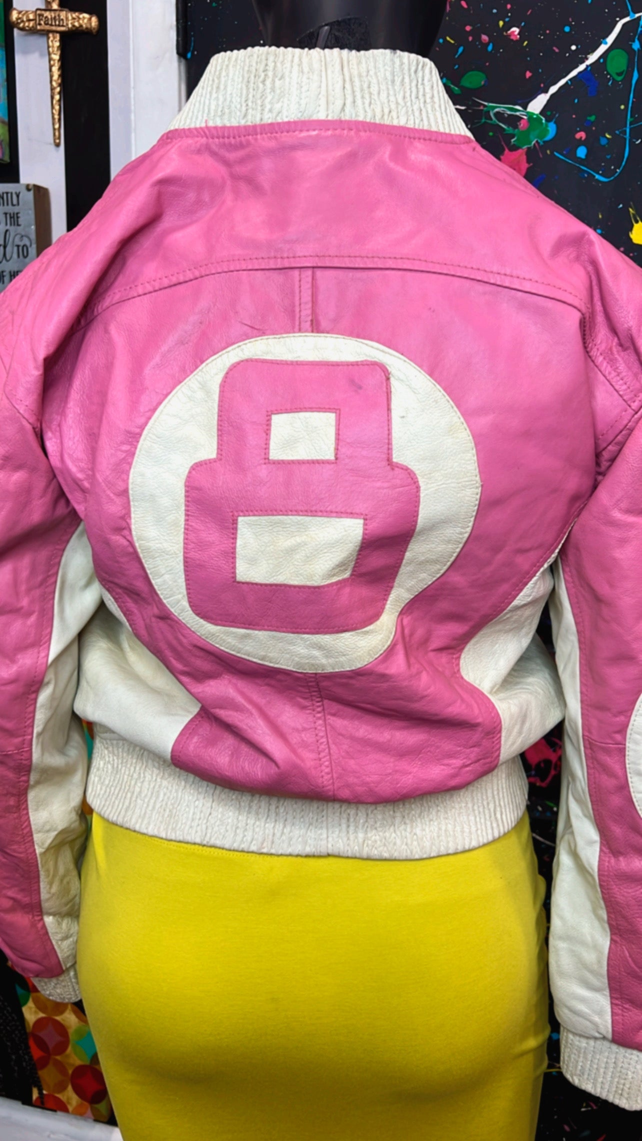 Vintage Genuine Leather Pink & Off White 8 Ball Jacket - 14/16