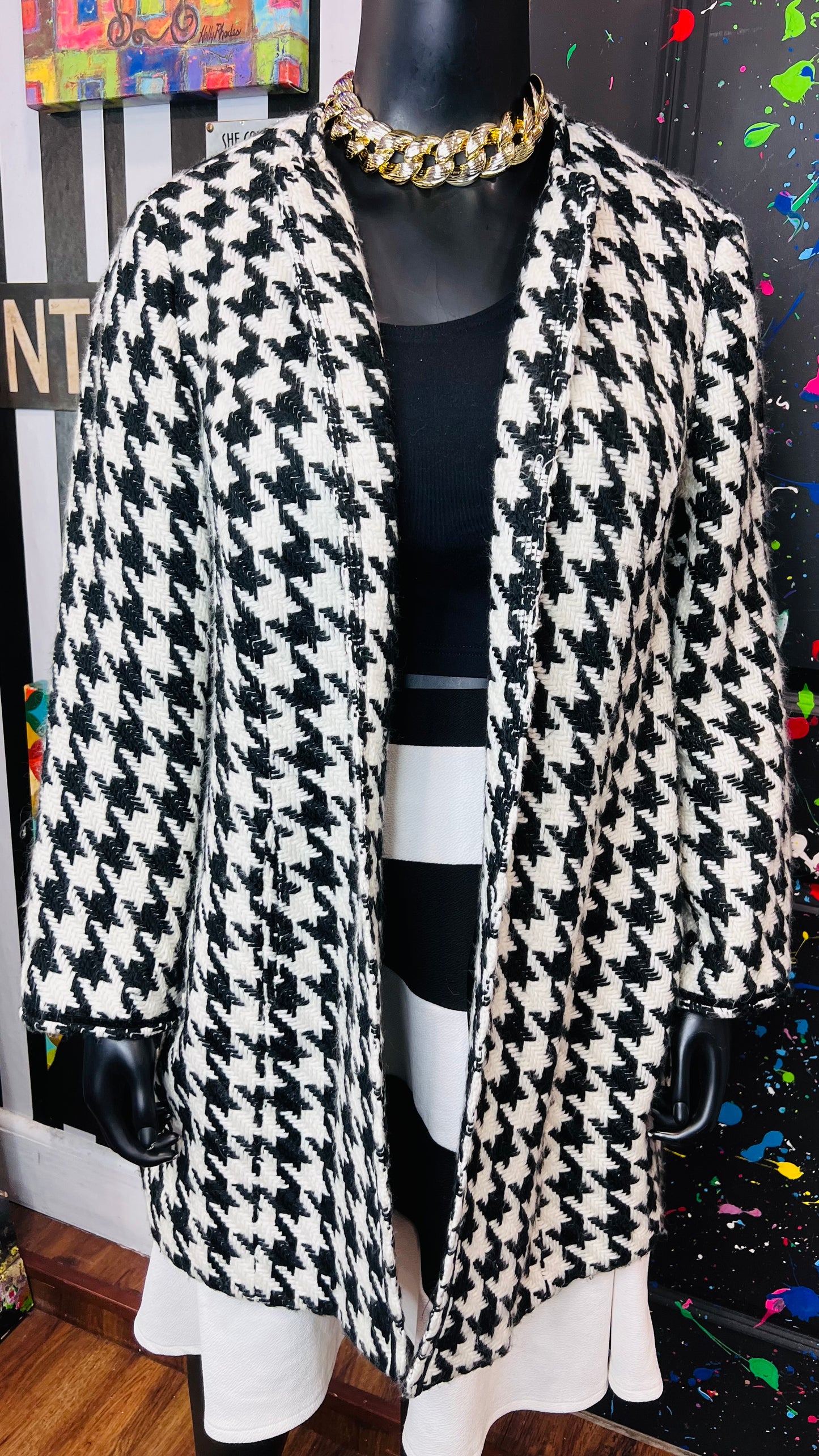 Vintage Black & White Houndstooth Wool Coat (20W)