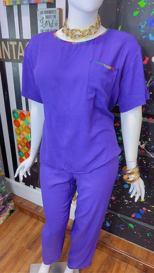 Vintage Purple Color Block Trim Pants Set (18W)