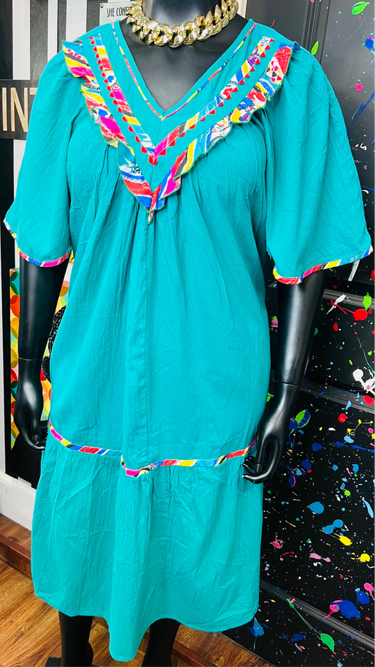 Vintage Colorblock Trim Cotton House Dress (18/20)