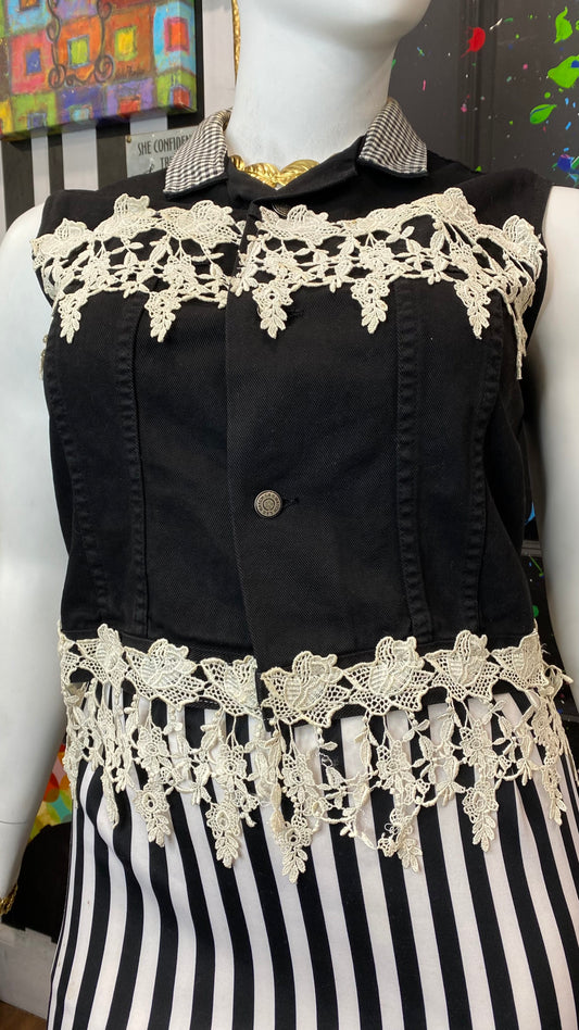 Vintage Black & White Denim & Lace Vest (14)