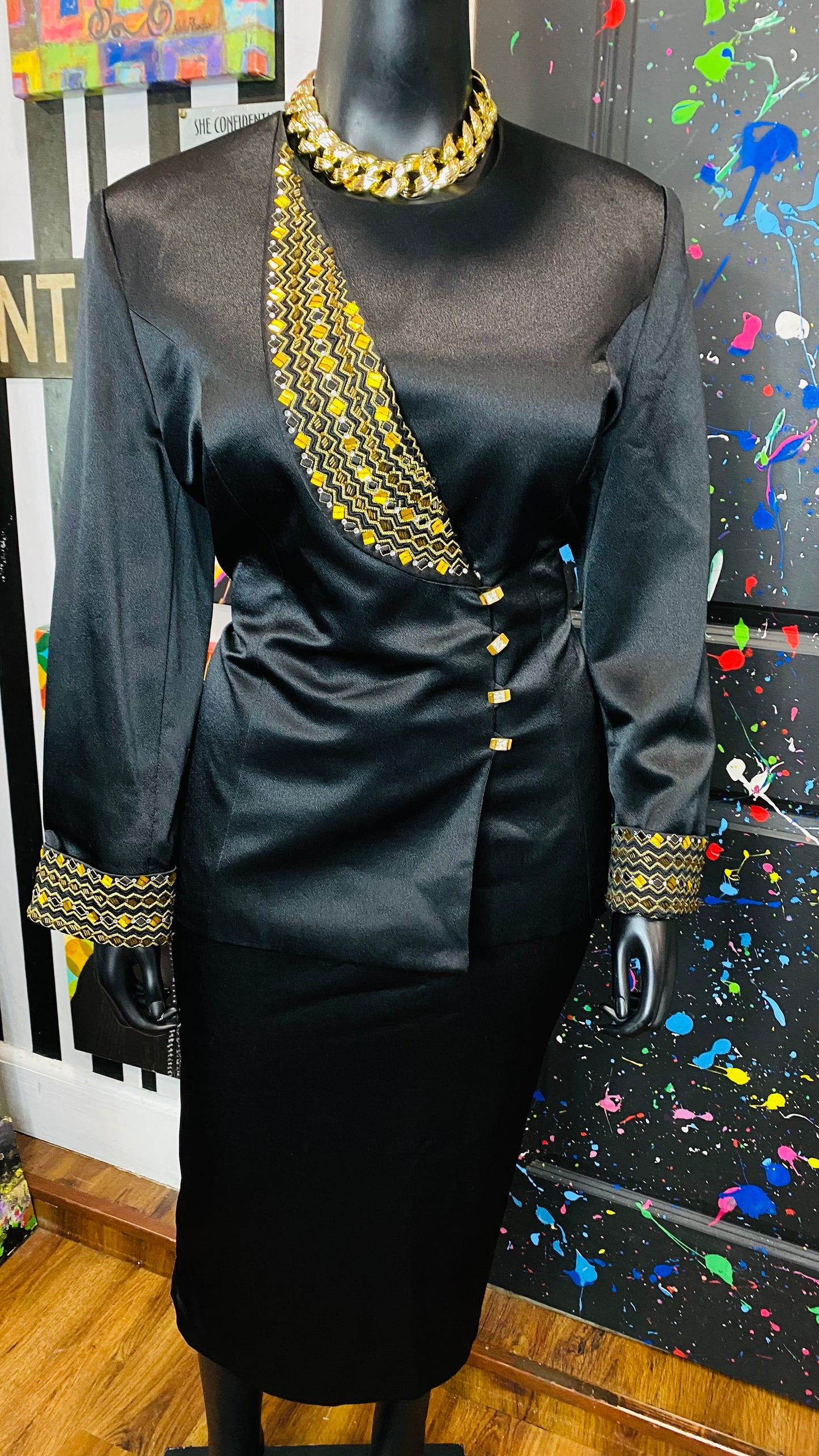 Vintage Couture Black & Gold Skirt Suit (20)