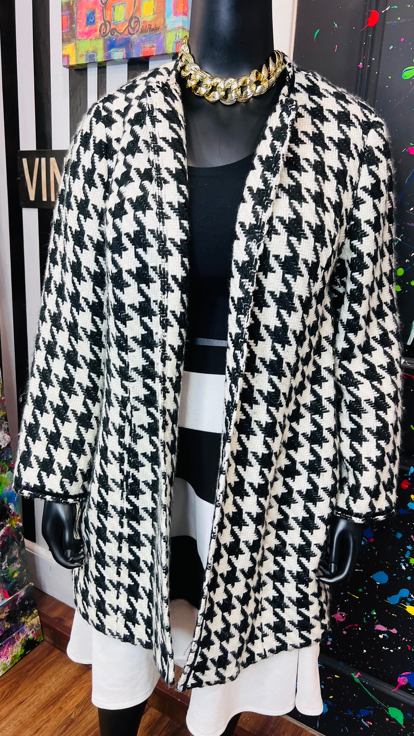 Vintage Black & White Houndstooth Wool Coat (20W)