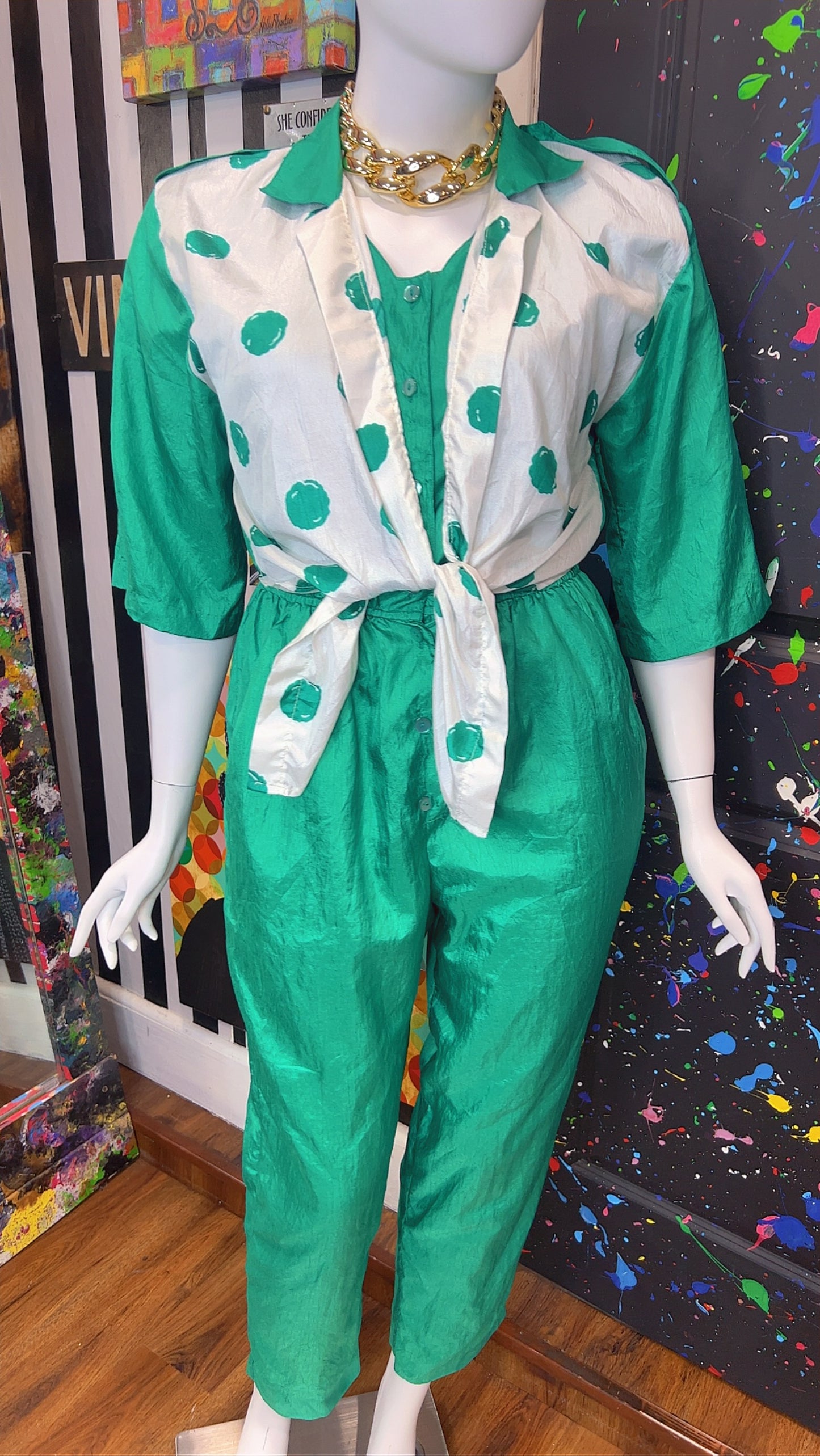 Vintage Green Jumpsuit w/ White & Green Polka Dots (14W)
