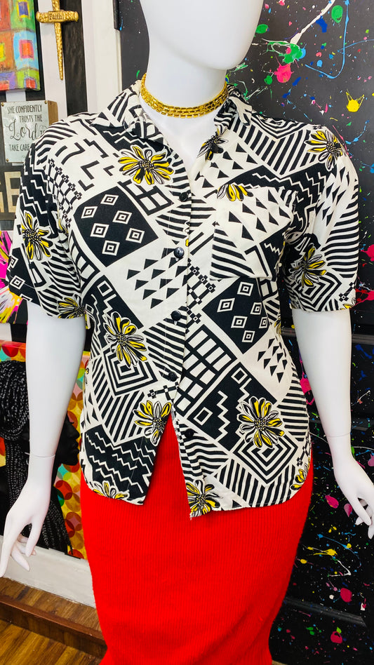 Vintage Rayon Black, White & Yellow Blouse (14)