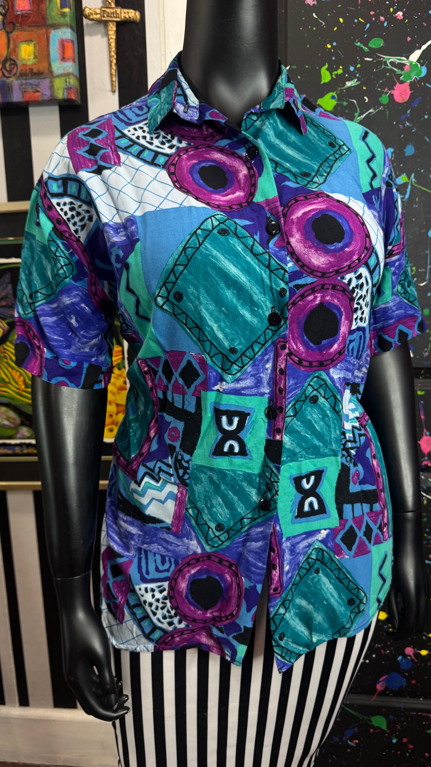 Vintage 90s Abstract Print Rayon Blouse (18)