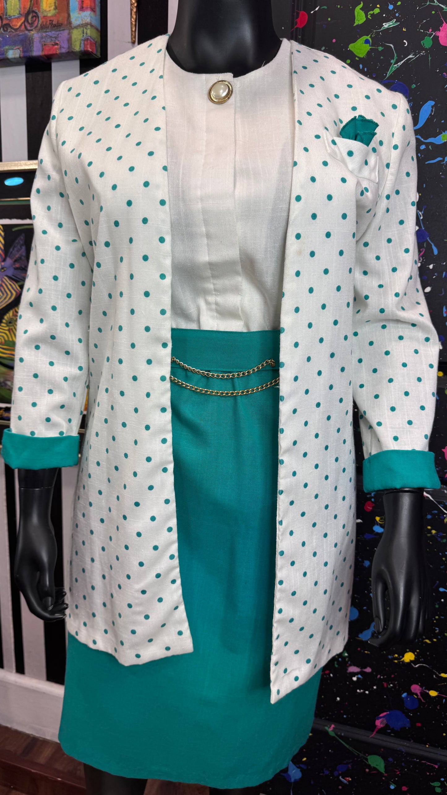 Vintage Teal & White Polka Dot Dress with Belt & Blazer (18)