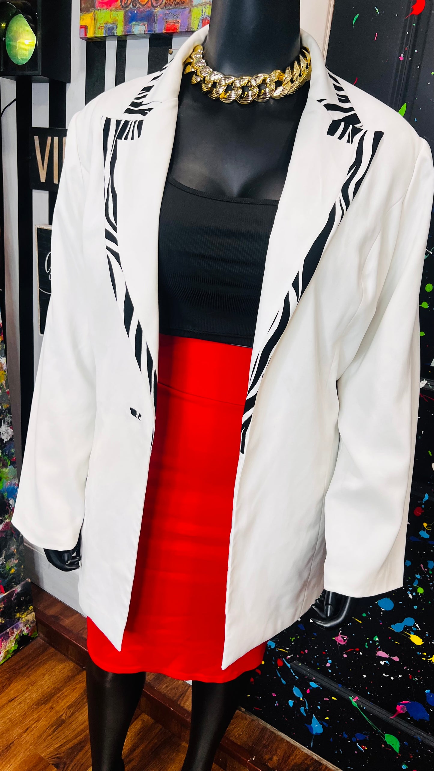 Plus Size Vintage Zebra Print Trim Blazer (22W)