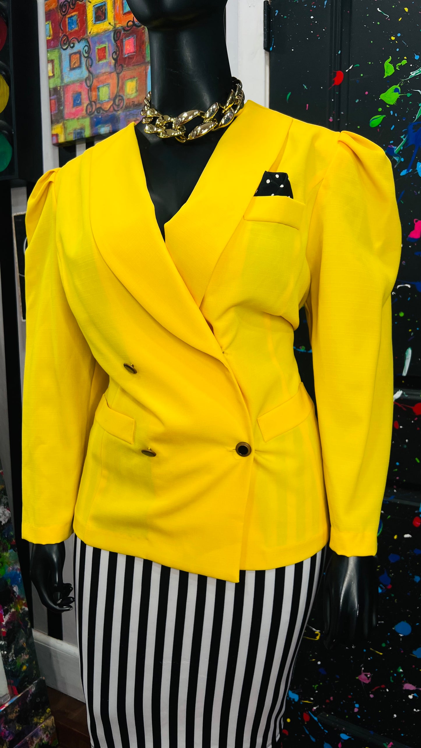 Vintage Yellow & Black & White Polka Dot Short Sleeve Blouse (22)