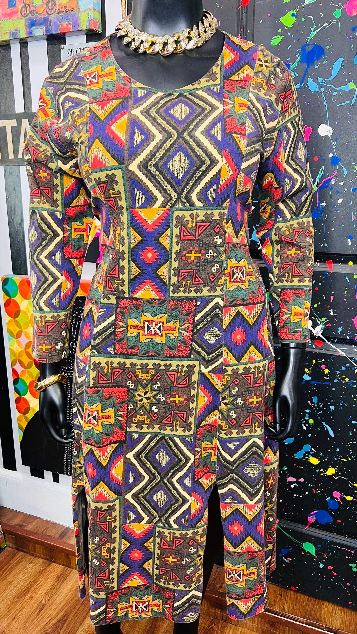 Vintage Cotton Tribal Print Dress (12/14)