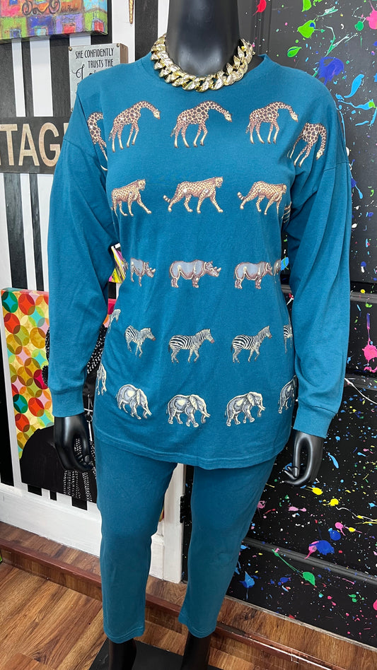 Vintage Cotton Animal Print & Jewel Top  Pants Set